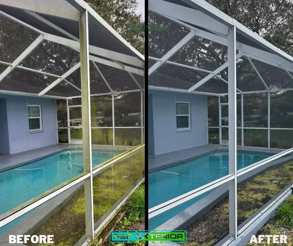 Side-by-side before-and-after of a screened pool enclosure and resurfaced turquoise pool