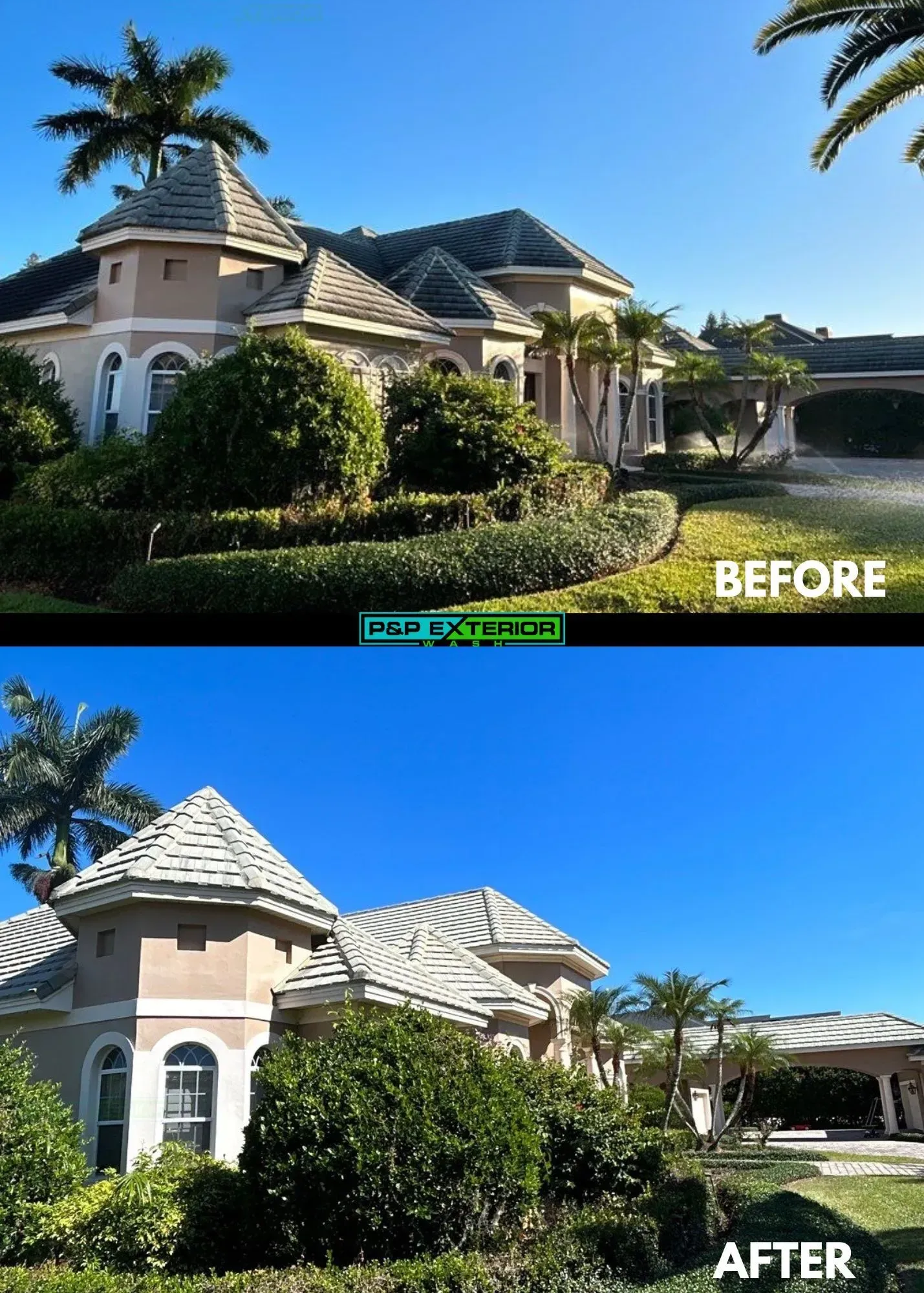Before-and-after view of a house exterior with trimmed hedges and a clear blue sky