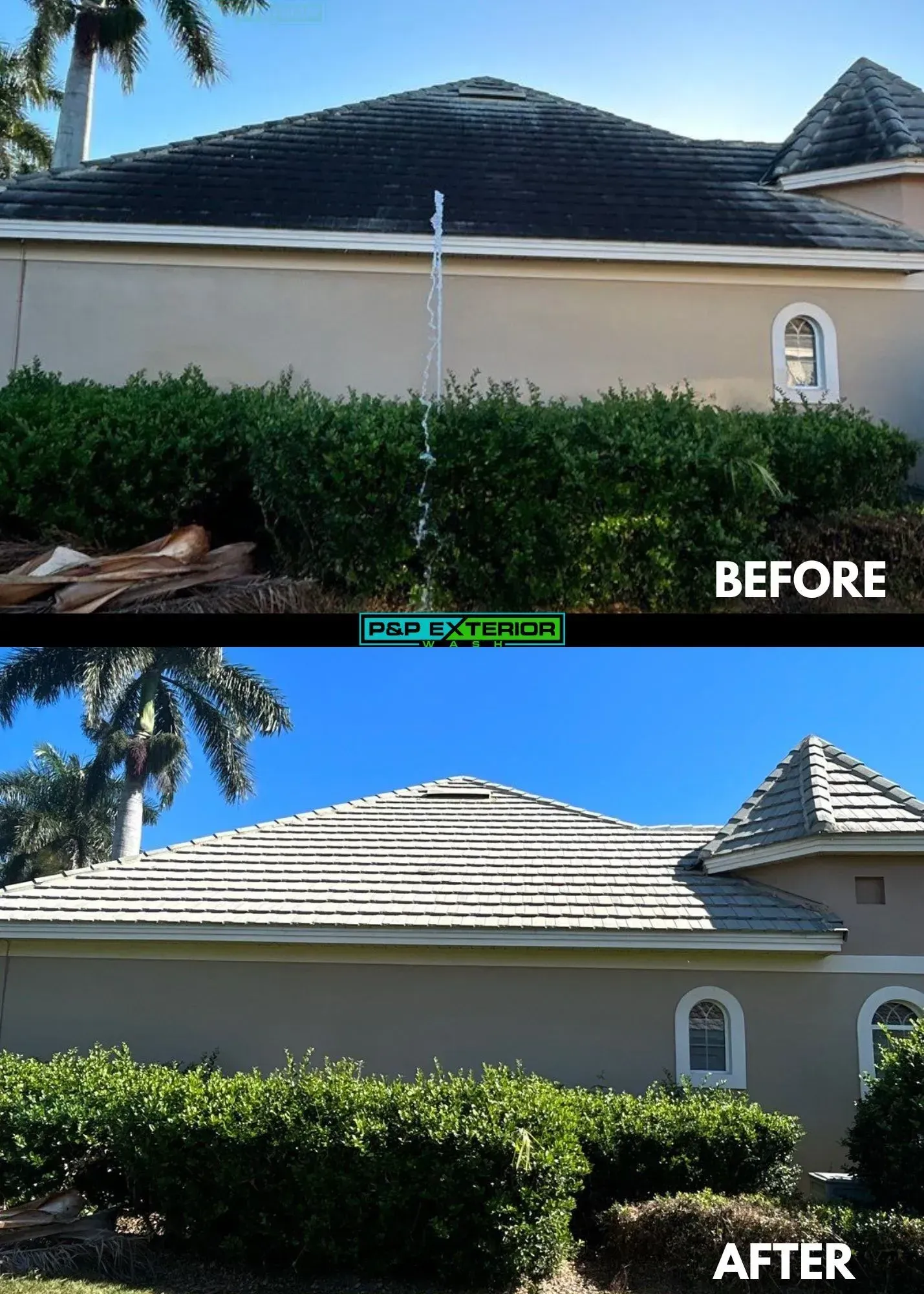 Before-and-after view of a house roof cleaned from dark to bright white.