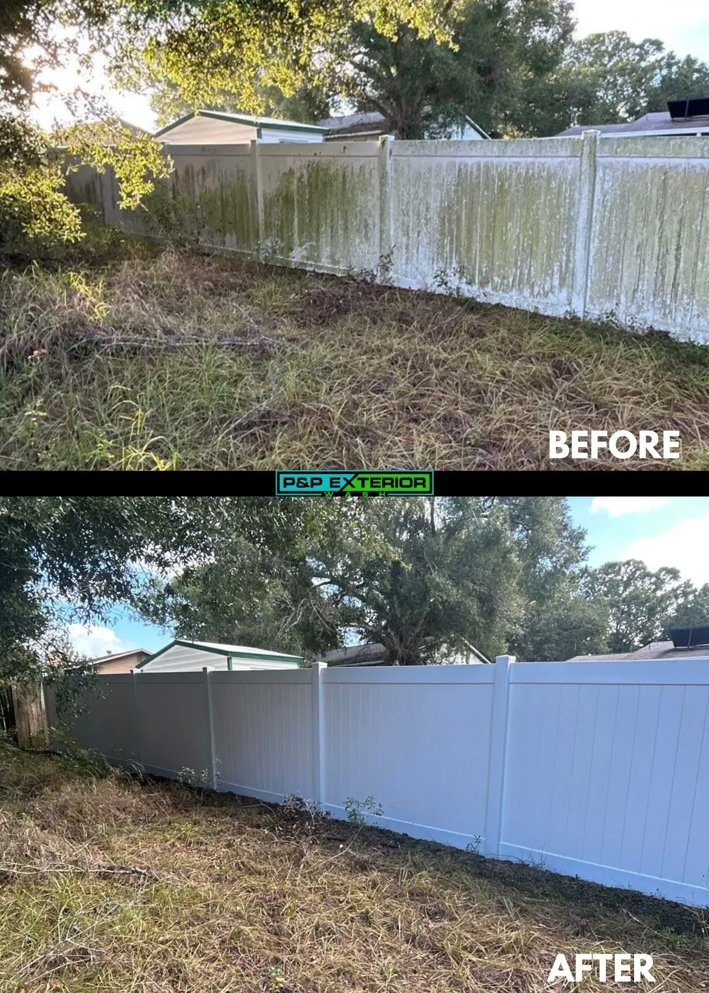 Before-and-after of a cleaned fence line beside a yard, with overgrown brush removed and the fence repainted white.