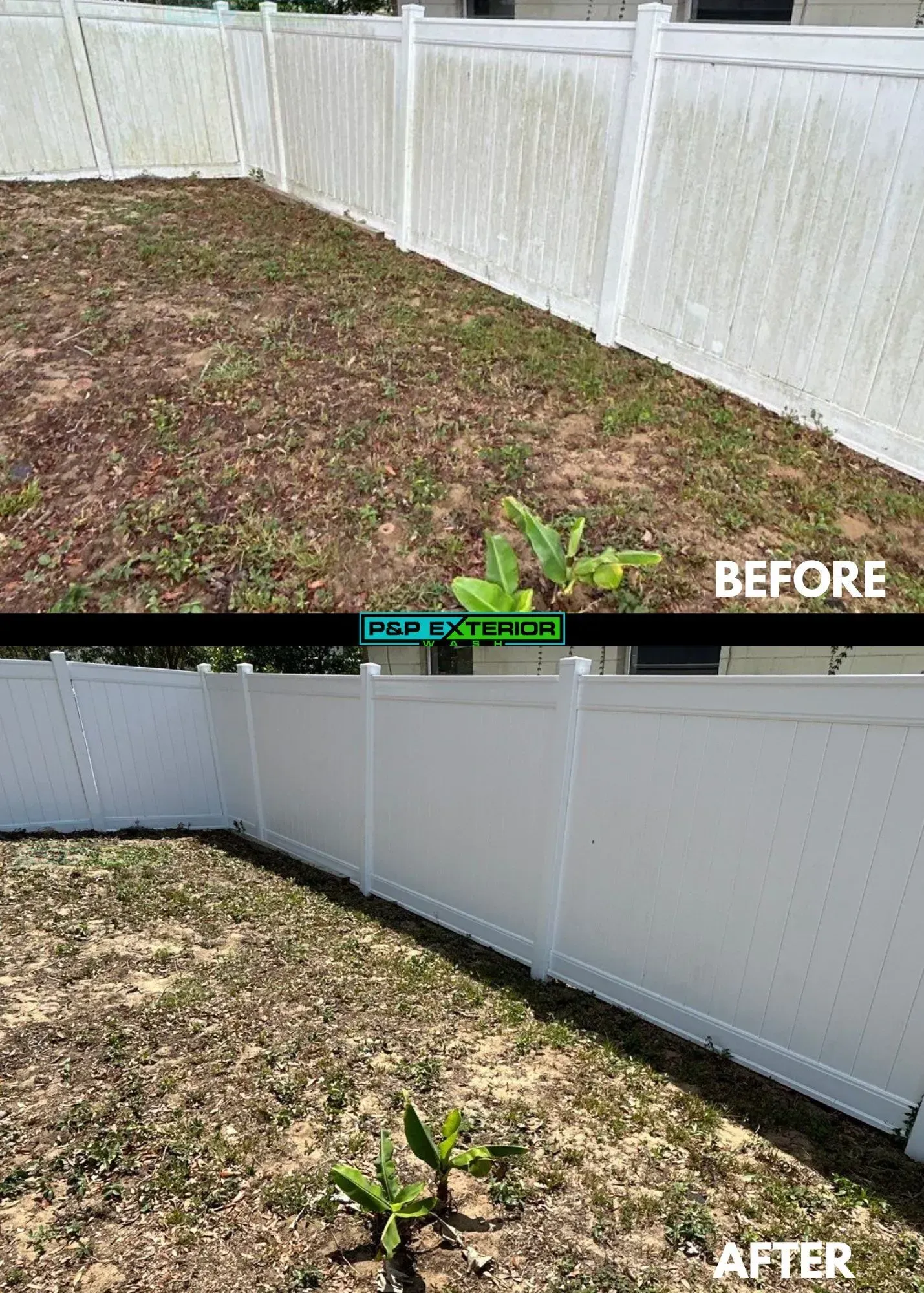 Backyard fence and lawn before and after cleanup, with cleared ground and mulch visible.