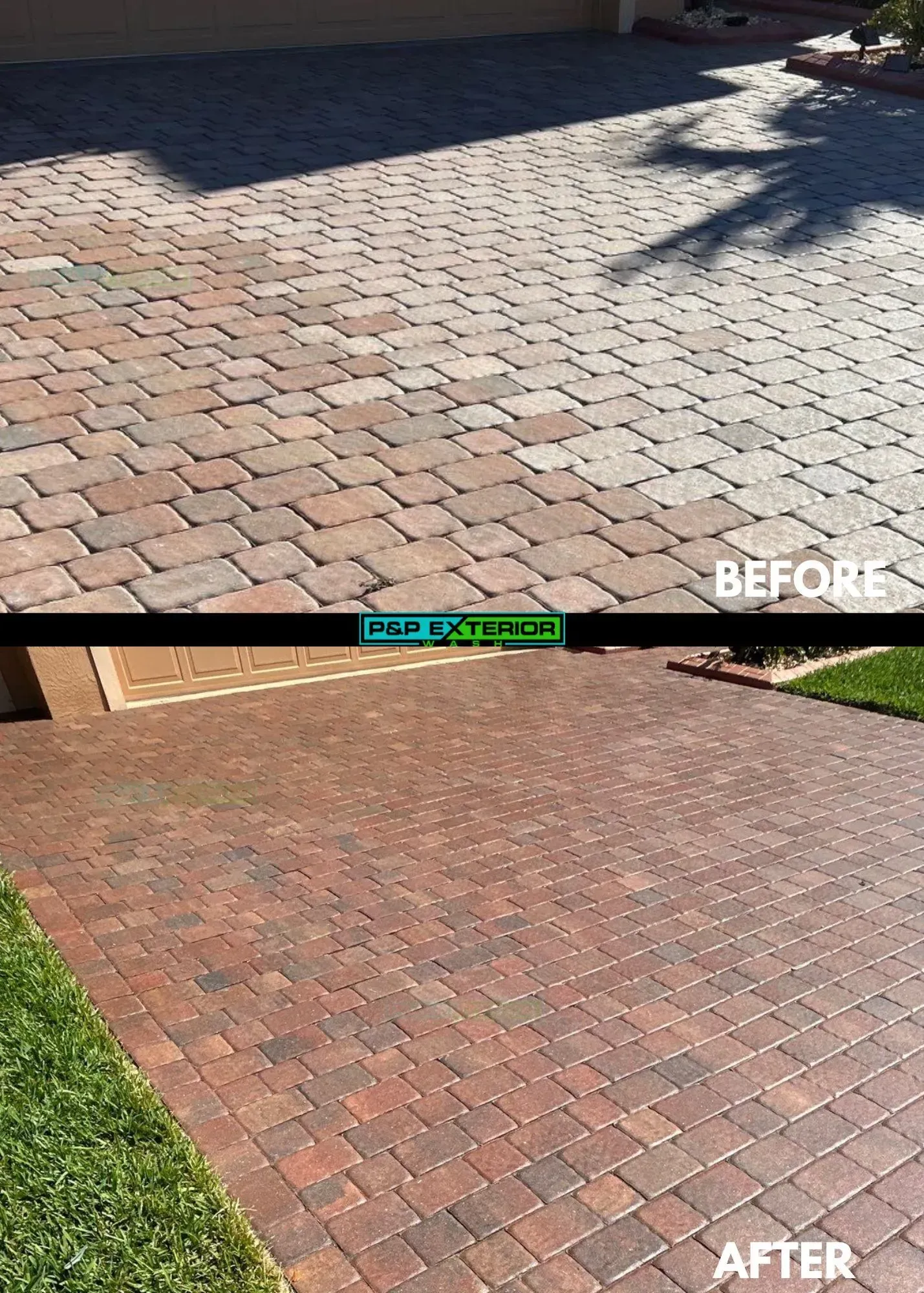 Driveway pavers before and after cleaning, with a brighter, more even finish after