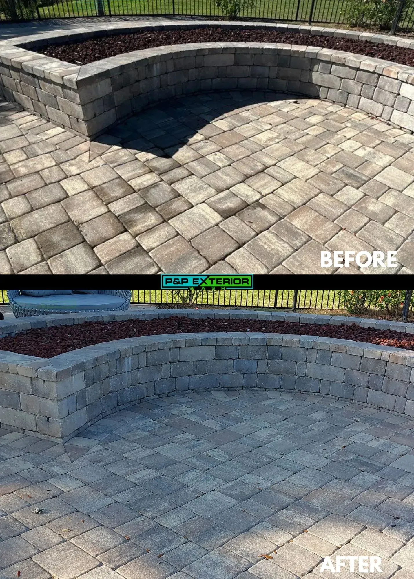 Before-and-after of a curved brick patio wall and paved floor, showing a cleaner, finished look.