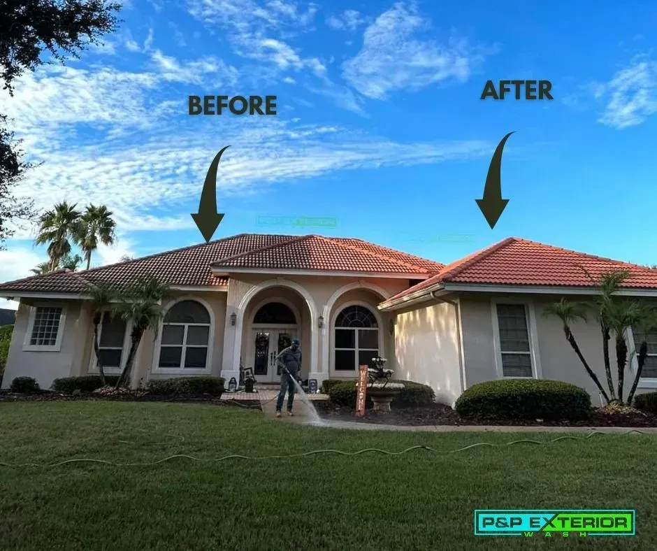 Before-and-after view of a house roof with a darkened old roof and a brighter red new roof, labeled before and after.