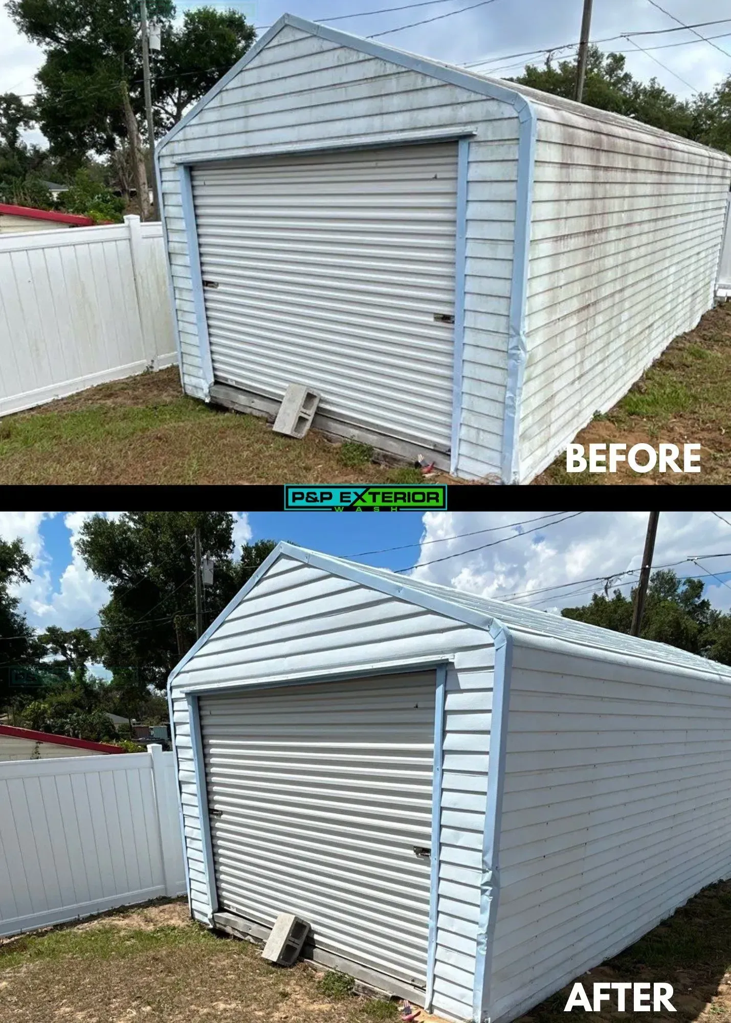 Before-and-after view of a small white storage shed with a repaired front roof and door trim