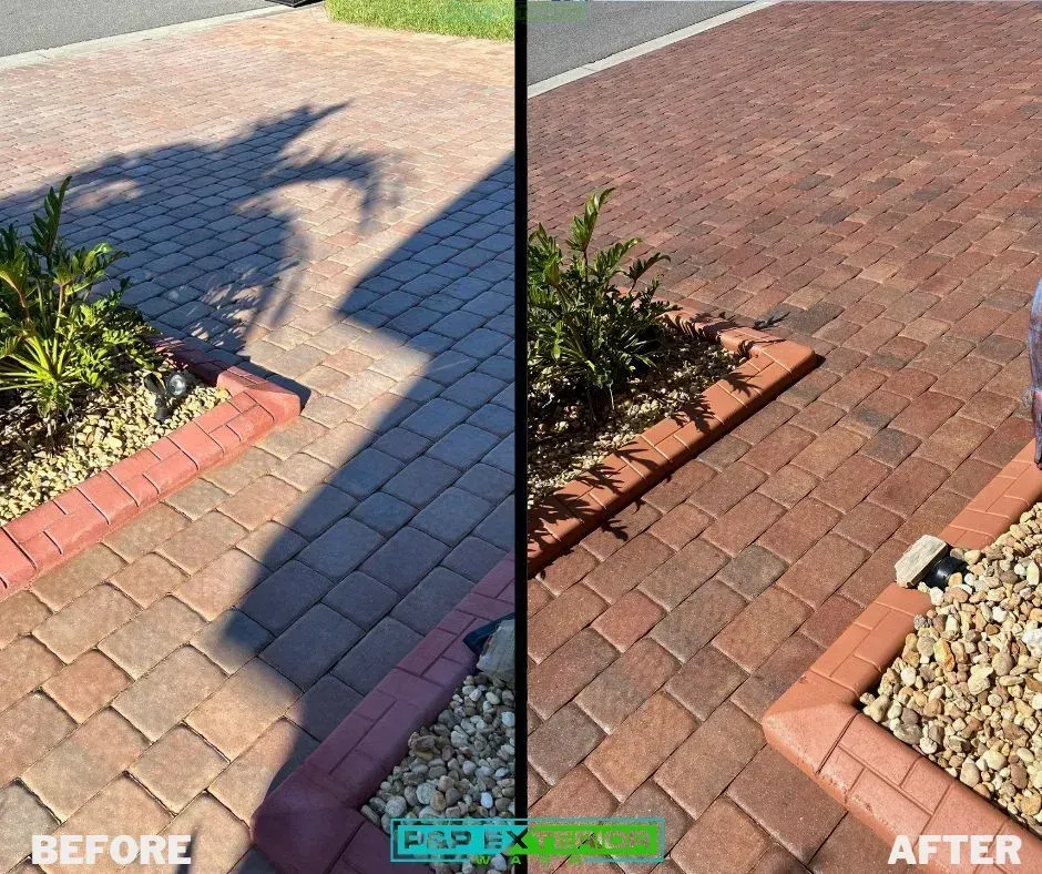 Before-and-after view of a brick driveway, showing repaired paving around a garden bed.
