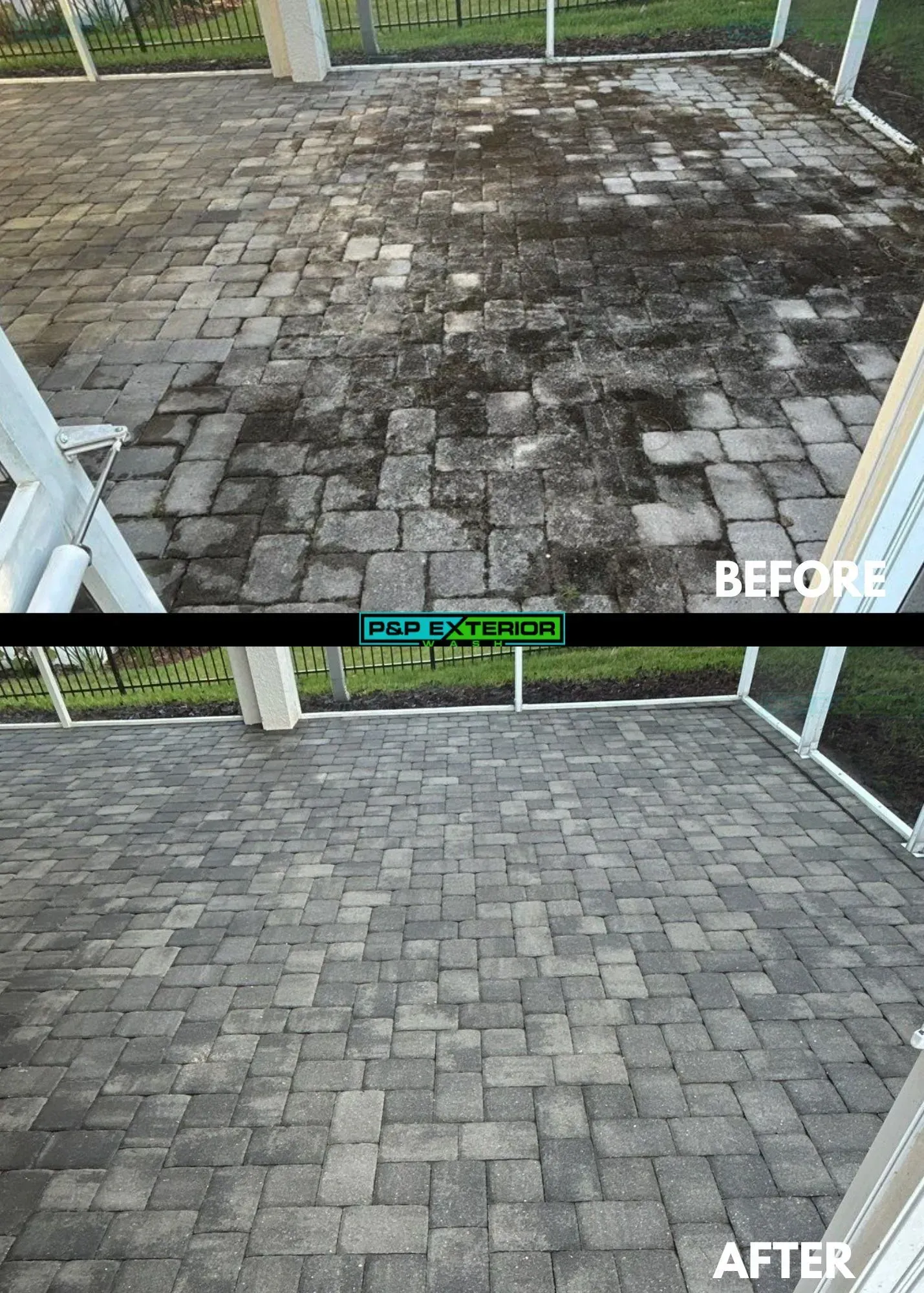 Before-and-after of a cleaned gray brick patio, showing heavy stains removed.