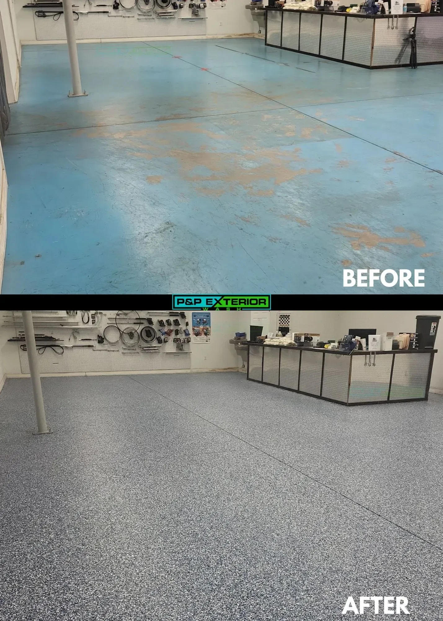 Before-and-after of a workshop floor repainted from worn blue to speckled gray.