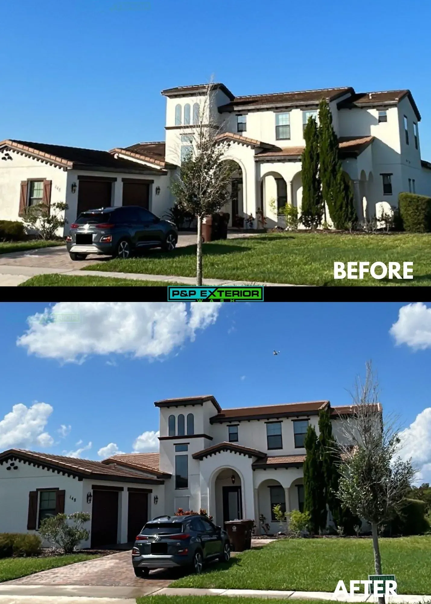 Before-and-after view of a house exterior with a car, showing landscaping changes under a blue sky