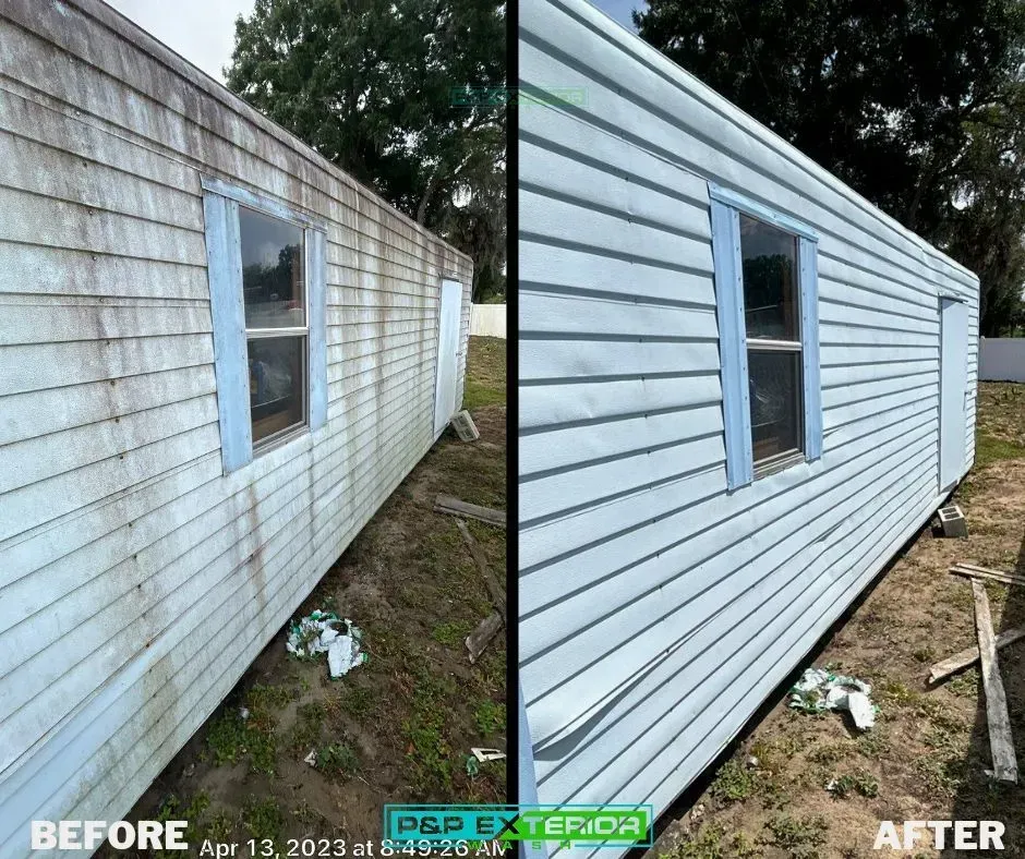 Before-and-after exterior house siding cleaning; left dirty, right bright white