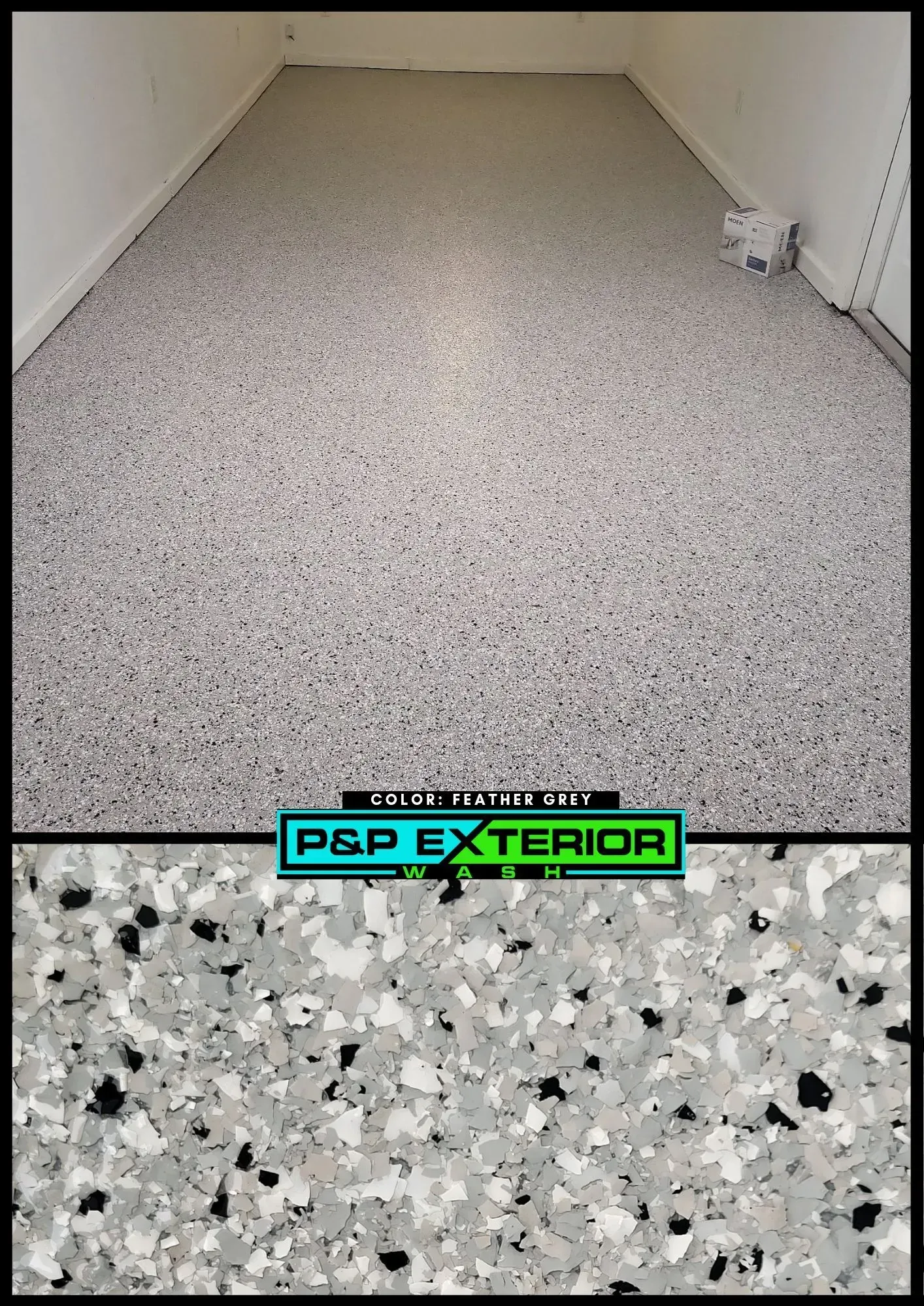 Terrazzo floor in a narrow hallway, shown with a close-up of the speckled surface.