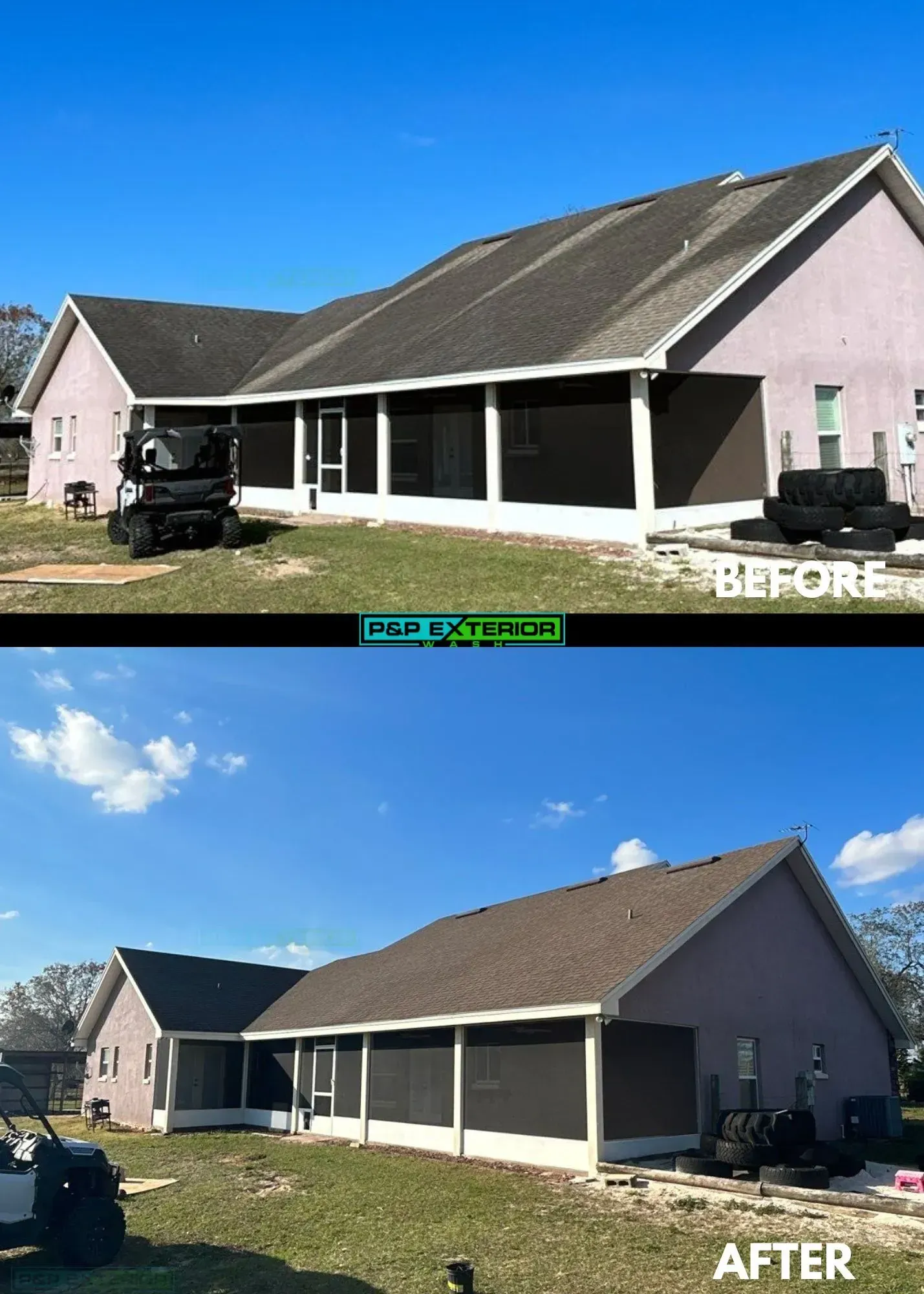 Before-and-after view of a house exterior with updated siding and porch.