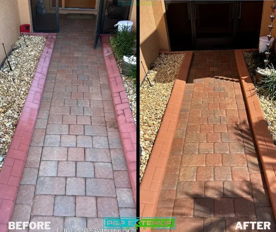 Before-and-after view of a front walkway: gray pavers replaced with red brick pavers.