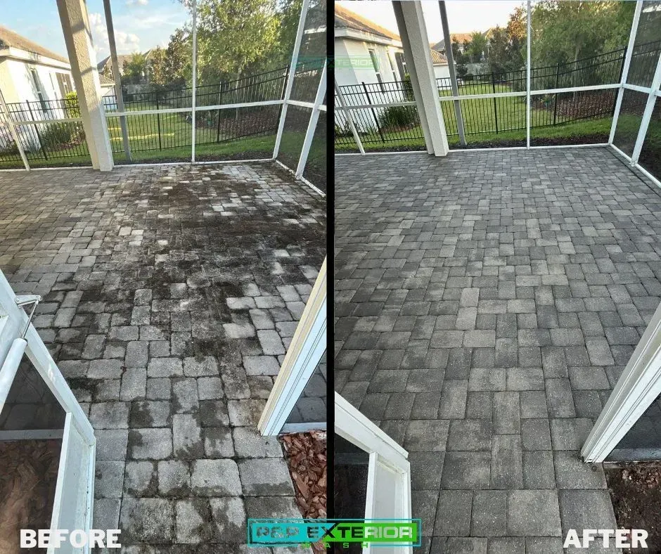 Before-and-after patio cleaning: stained pavers left, clean gray pavers right.