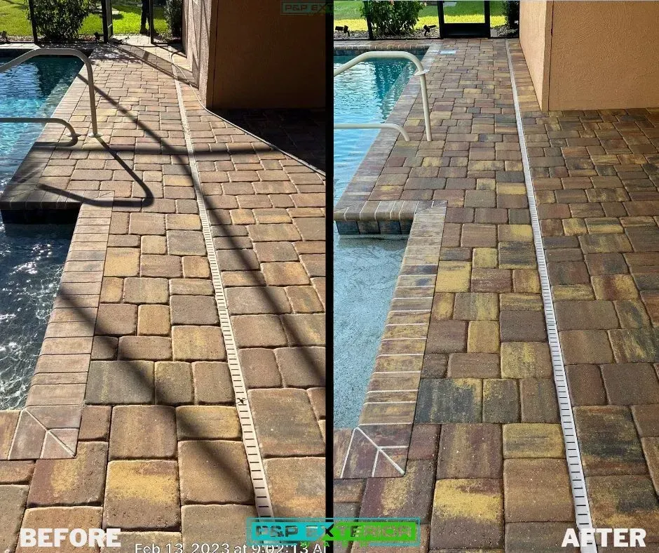 Before-and-after view of a paver walkway by a pool, showing cleaner, brighter stones on the right.
