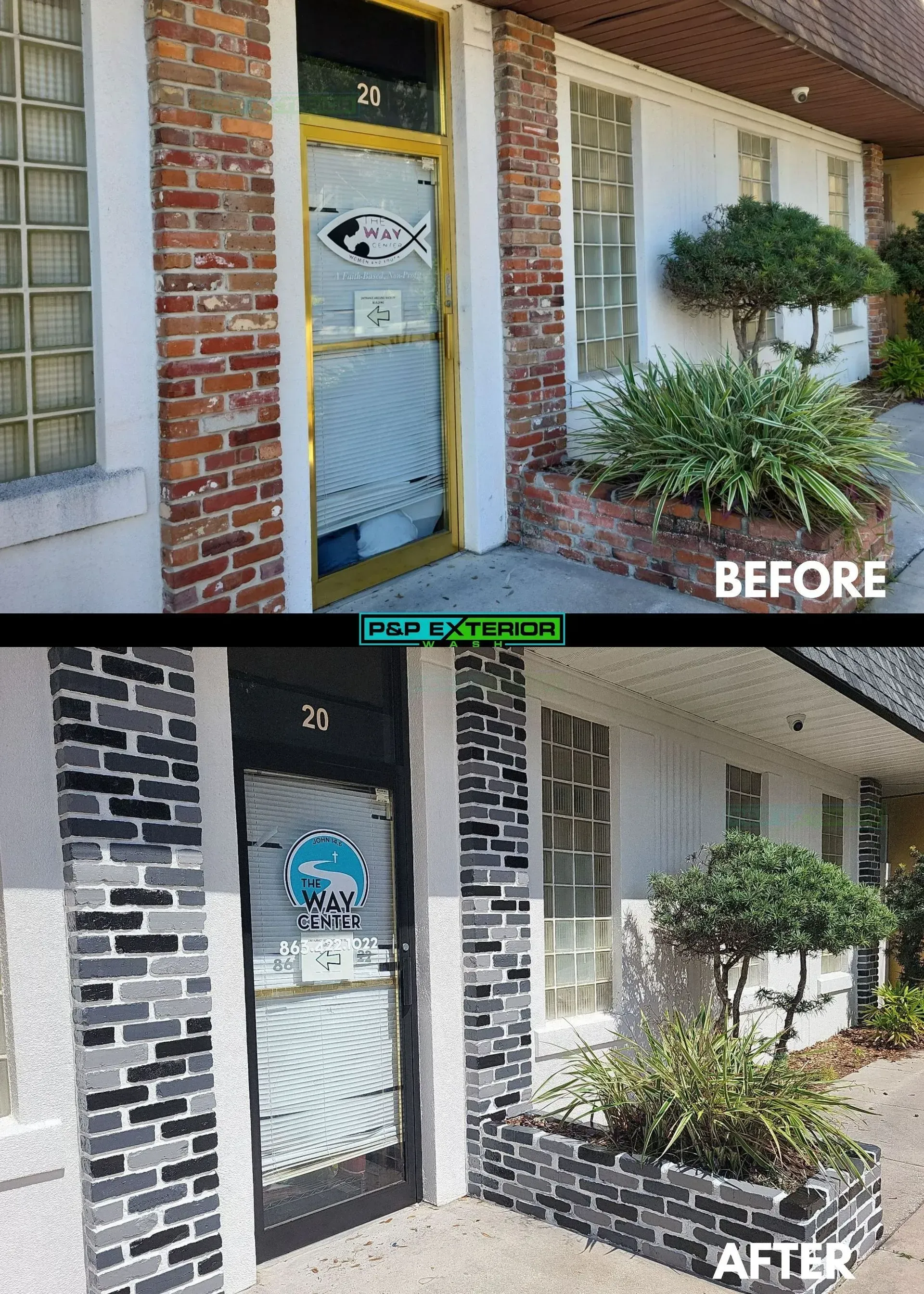 Before-and-after view of a townhouse entrance with a painted door and brick columns