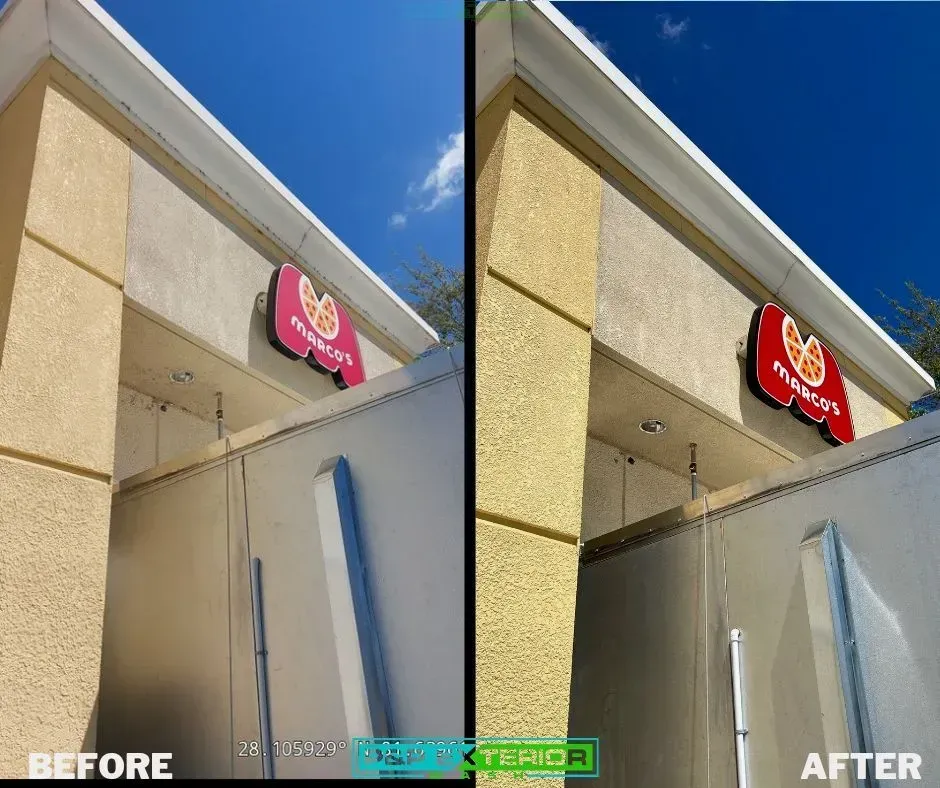Before-and-after view of a storefront sign changing from pink to red under a blue sky