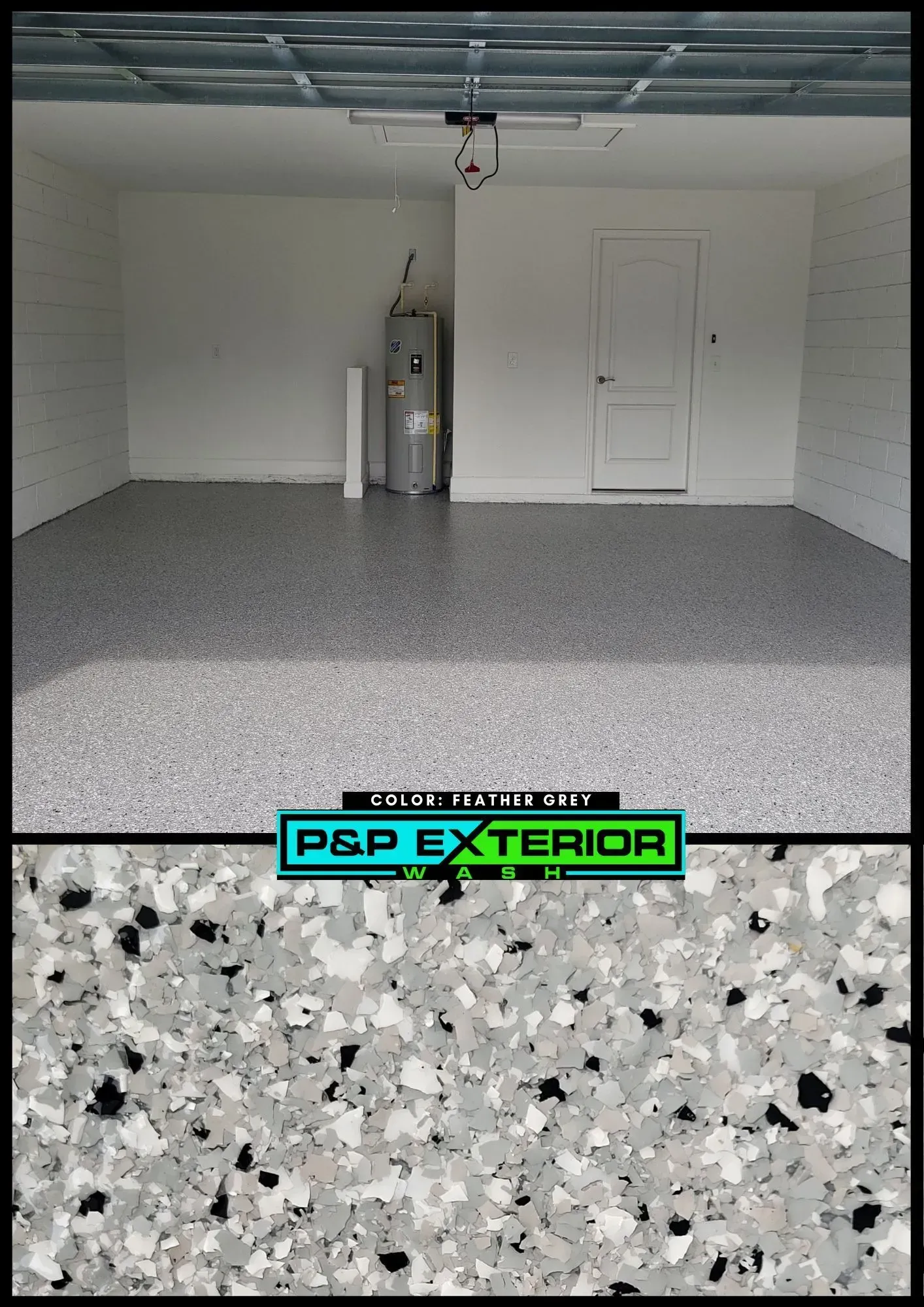 Empty garage with white walls and speckled epoxy floor, showing a door and water heater.