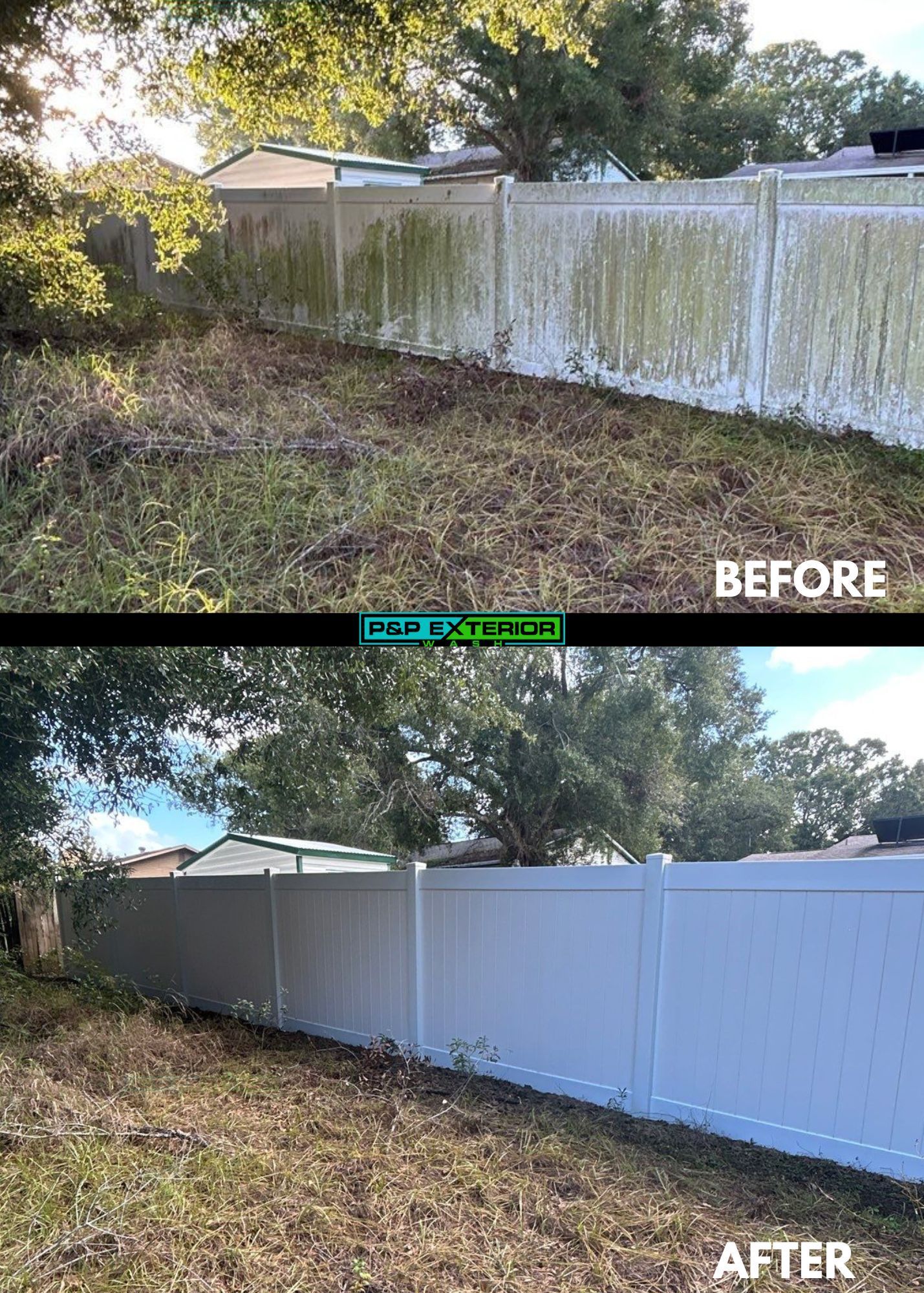 Before-and-after view of a white fence cleaned and repainted along a leafy yard.