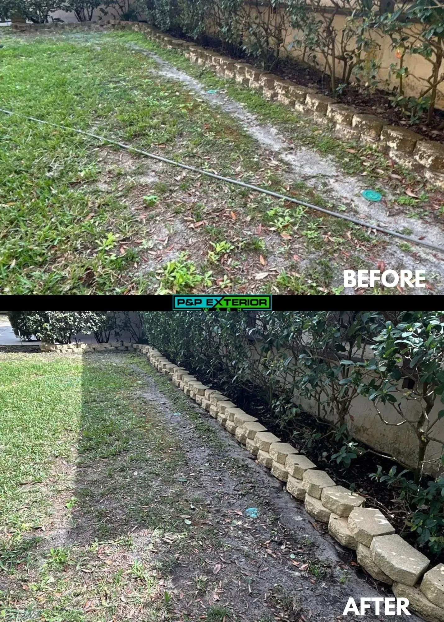 Before-and-after view of a grassy yard edge cleaned up with a stone border along a wall.