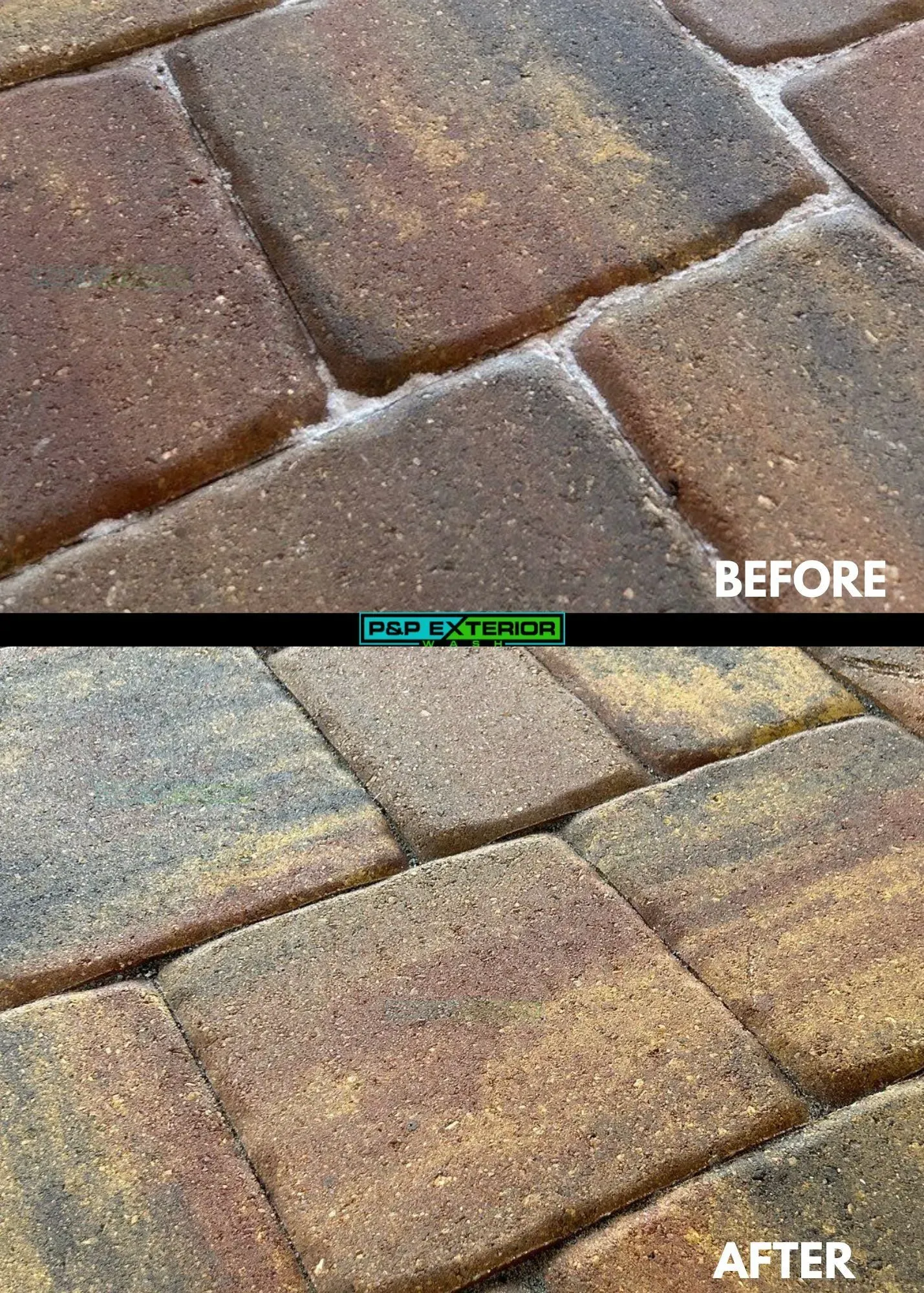 Close-up of stone pavers before and after cleaning, showing darker and brighter surfaces side by side.