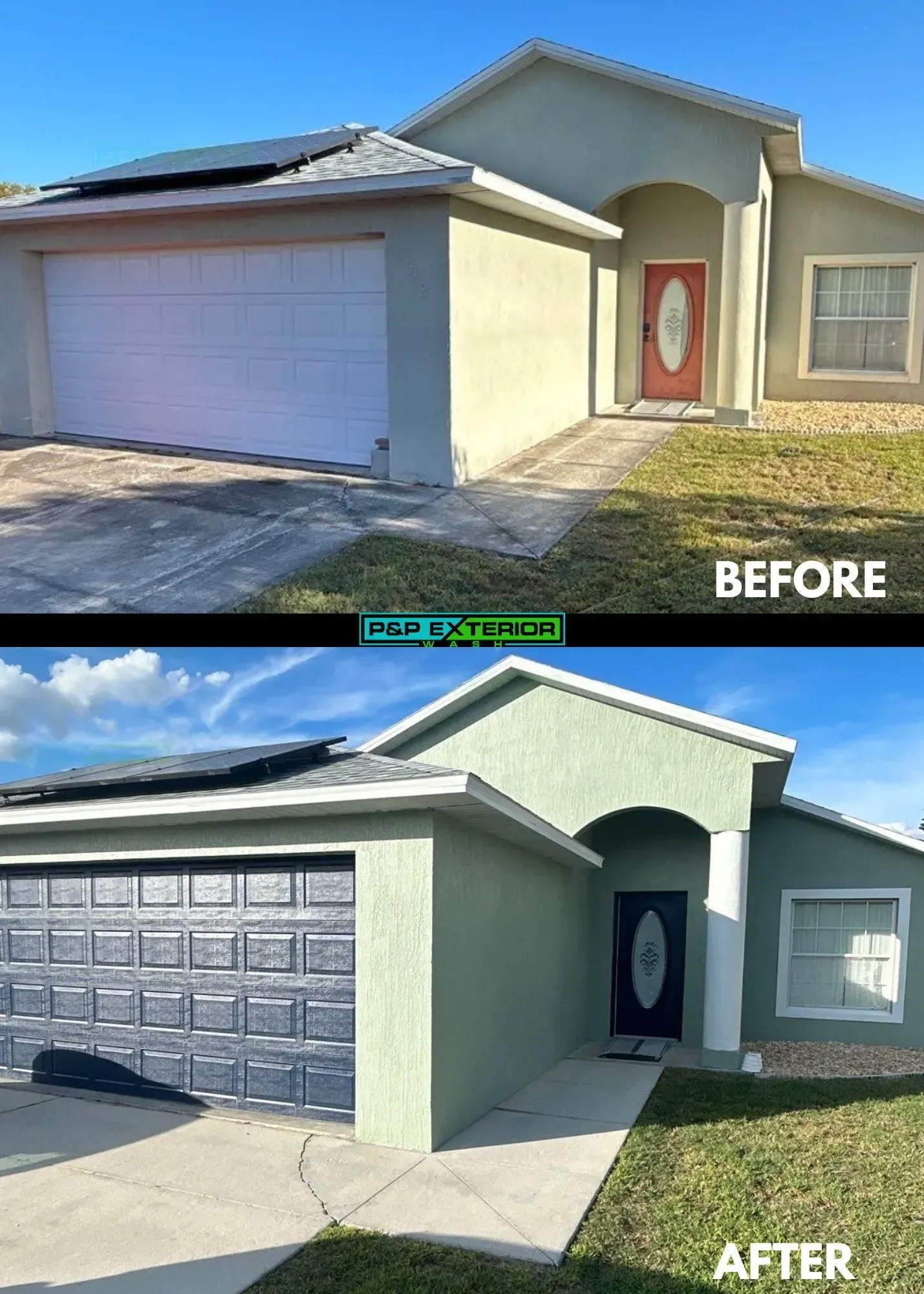 Before-and-after of a house exterior: tan garage and entry updated to light green with darker trim.