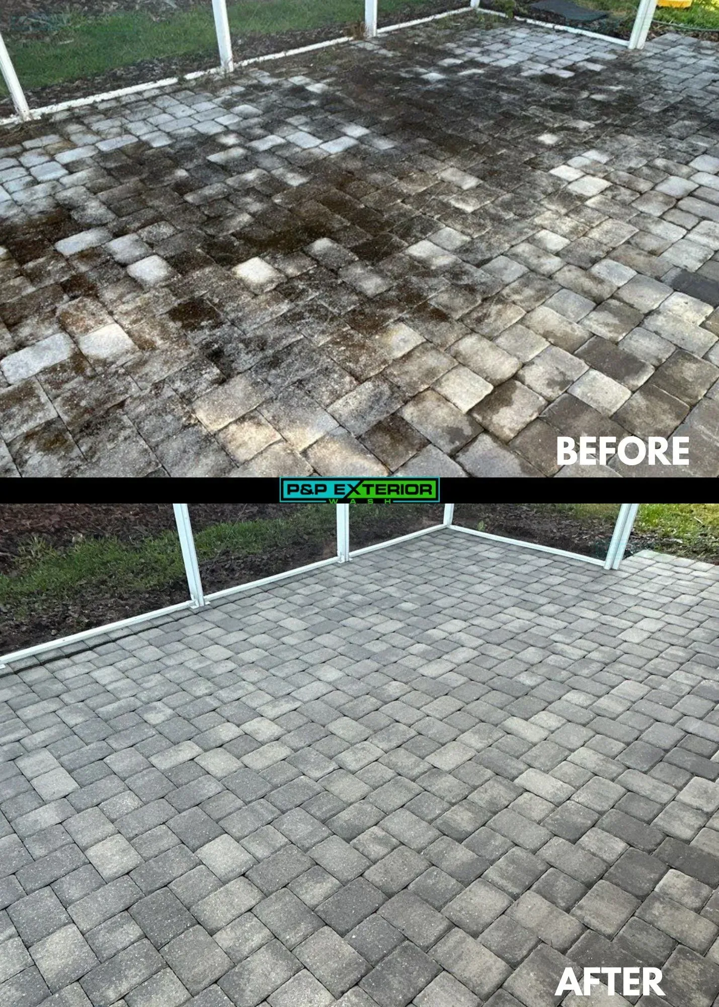 Before-and-after patio pavers: dirty, dark stone surface cleaned to a light gray finish.