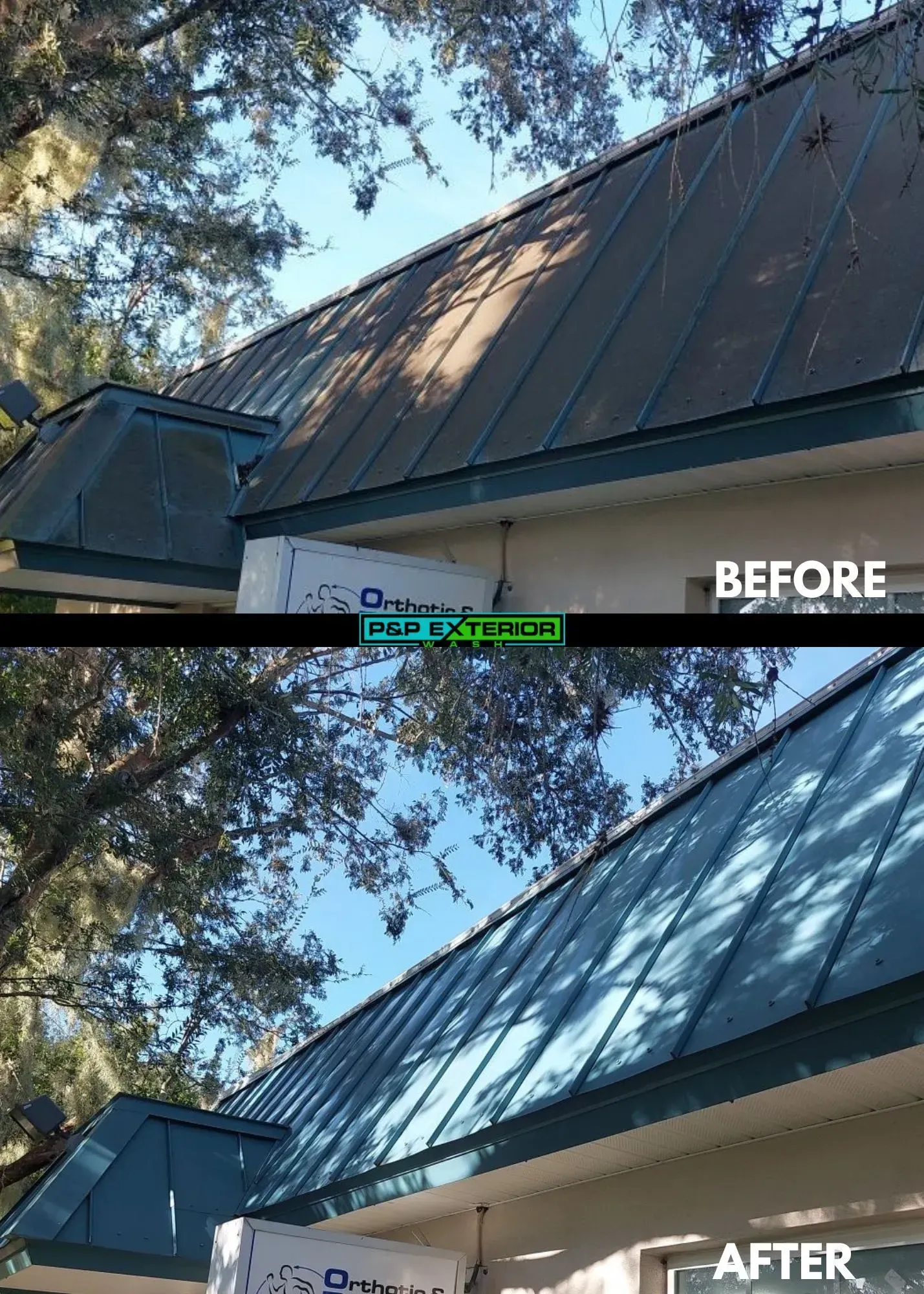 Roof before and after painting: faded brown roof above, refreshed gray-blue roof below.