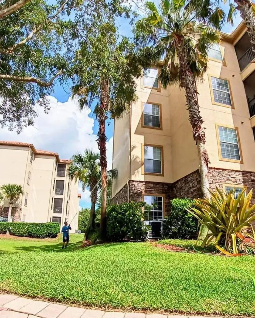 Apartment buildings with balconies, palm trees, and a green lawn on a sunny day