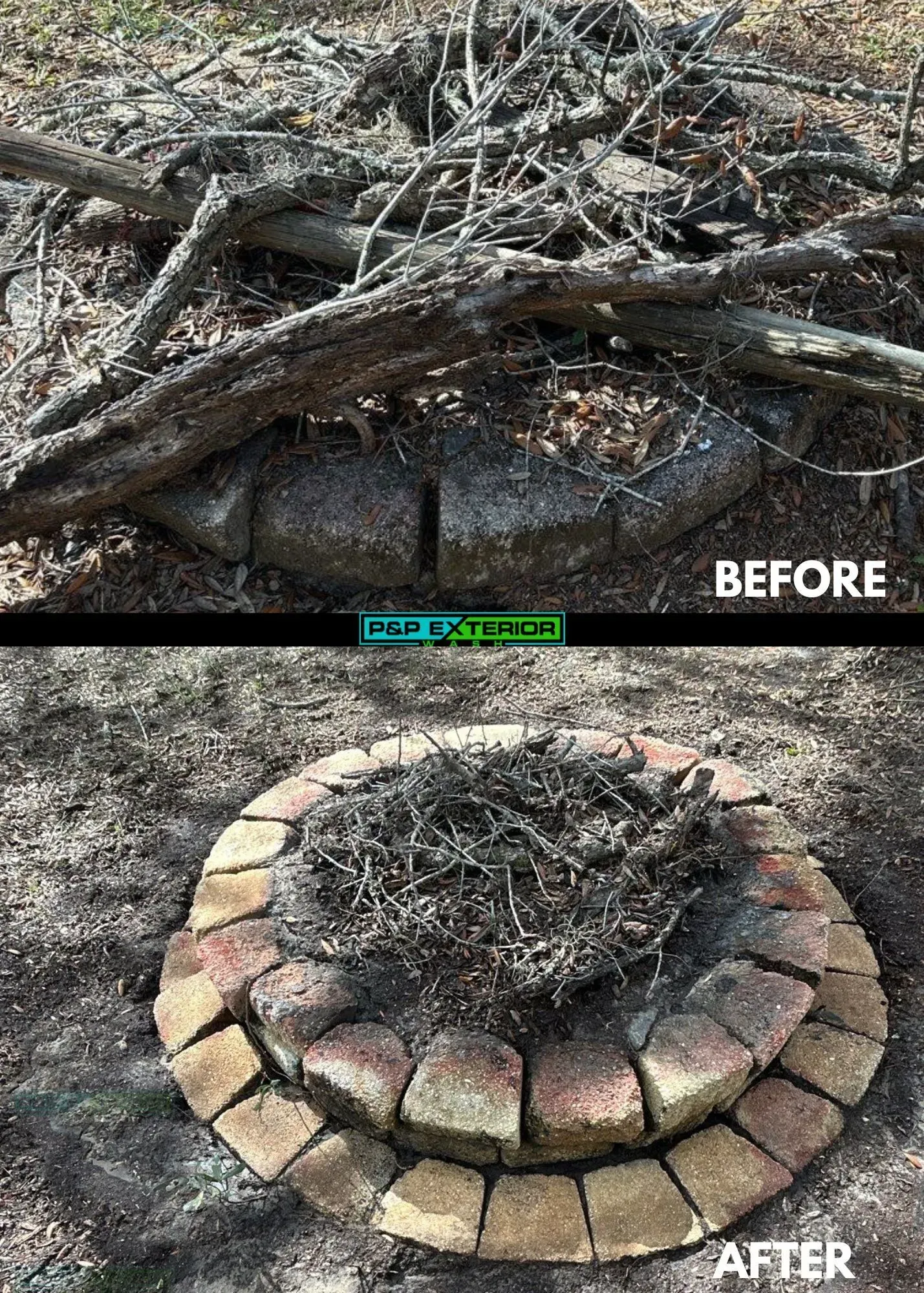 “Before and after” of a brick fire pit made from stacked stones and cleared brush; before shows tangled branches.
