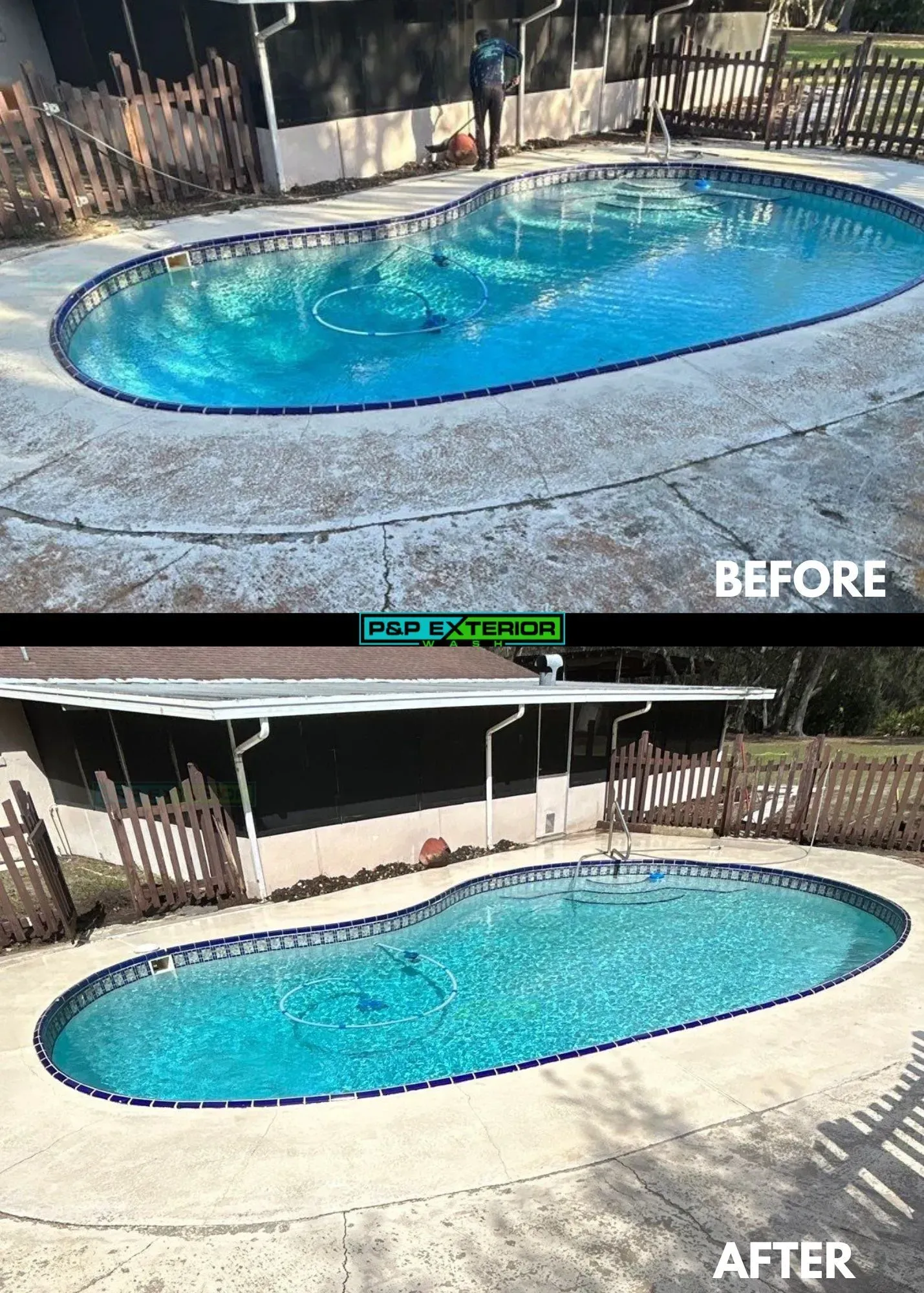 Before-and-after view of a backyard pool renovation, showing a blue oval pool and cleaned deck.