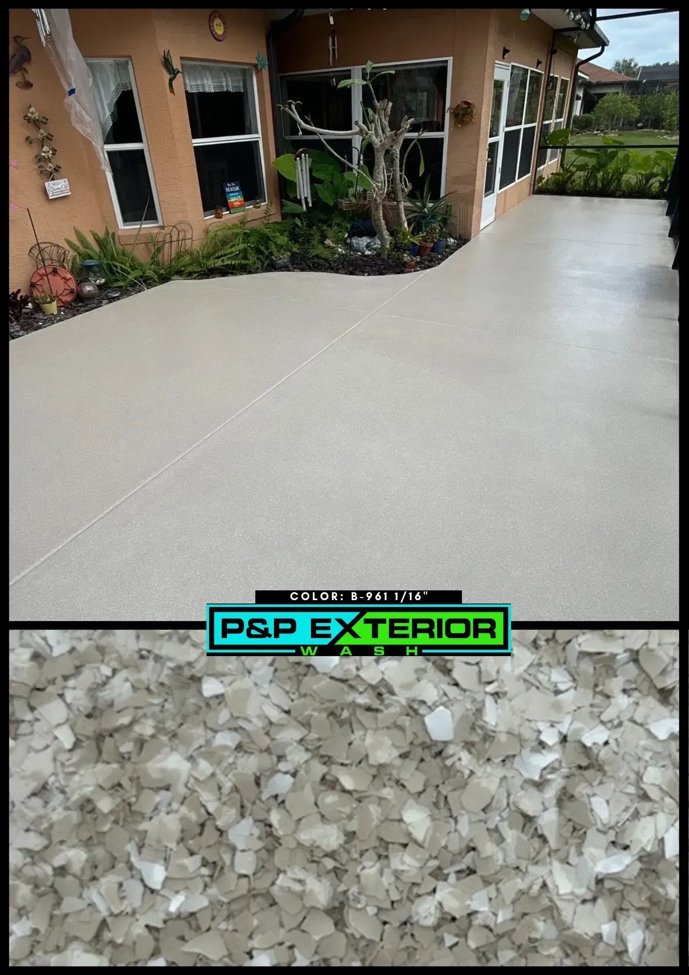 Fresh light-gray concrete patio beside a brick house, with a small strip of decorative white stones.