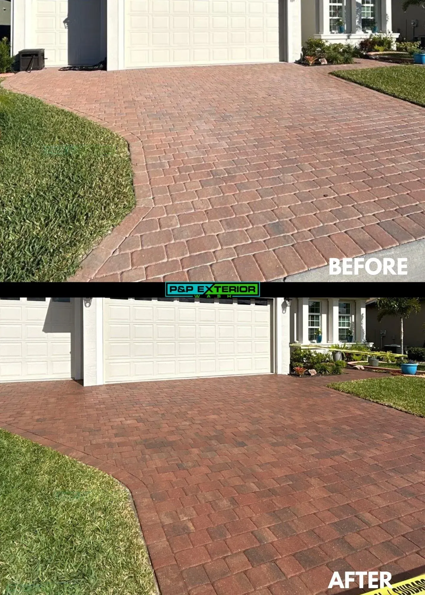 Driveway pavers before and after sealing: dull tan brick top, rich reddish-brown bottom.