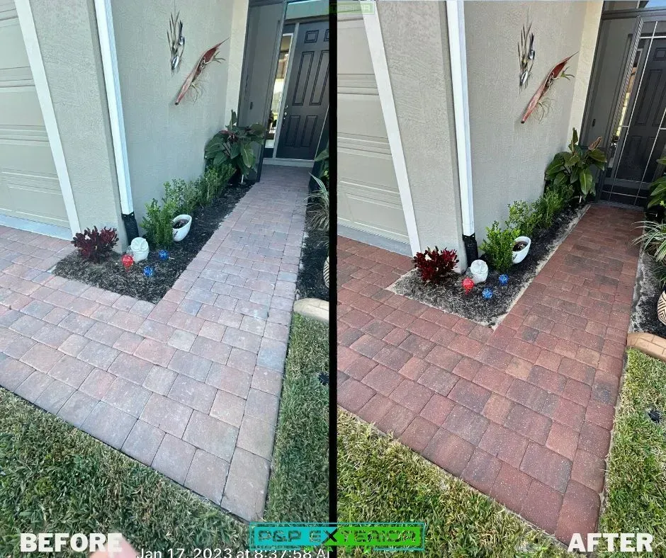 Before-and-after view of a brick walkway and garden bed next to a house, with added landscaping lights.