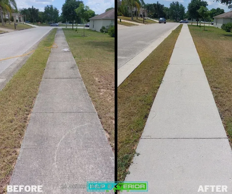Before-and-after sidewalk repair: cracked gray path replaced with smooth white concrete beside a road.