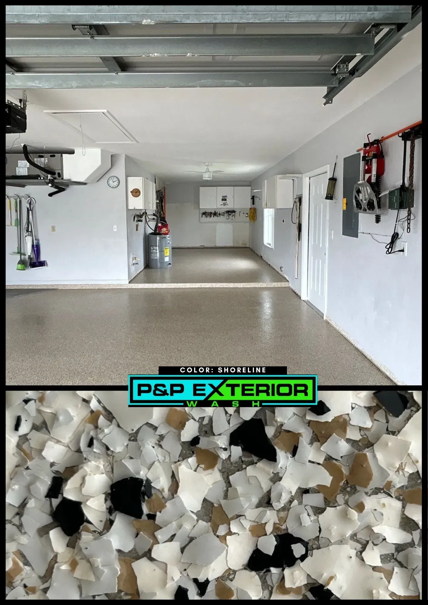 Garage interior with white walls, exposed ceiling, and epoxy floor sample inset at bottom.