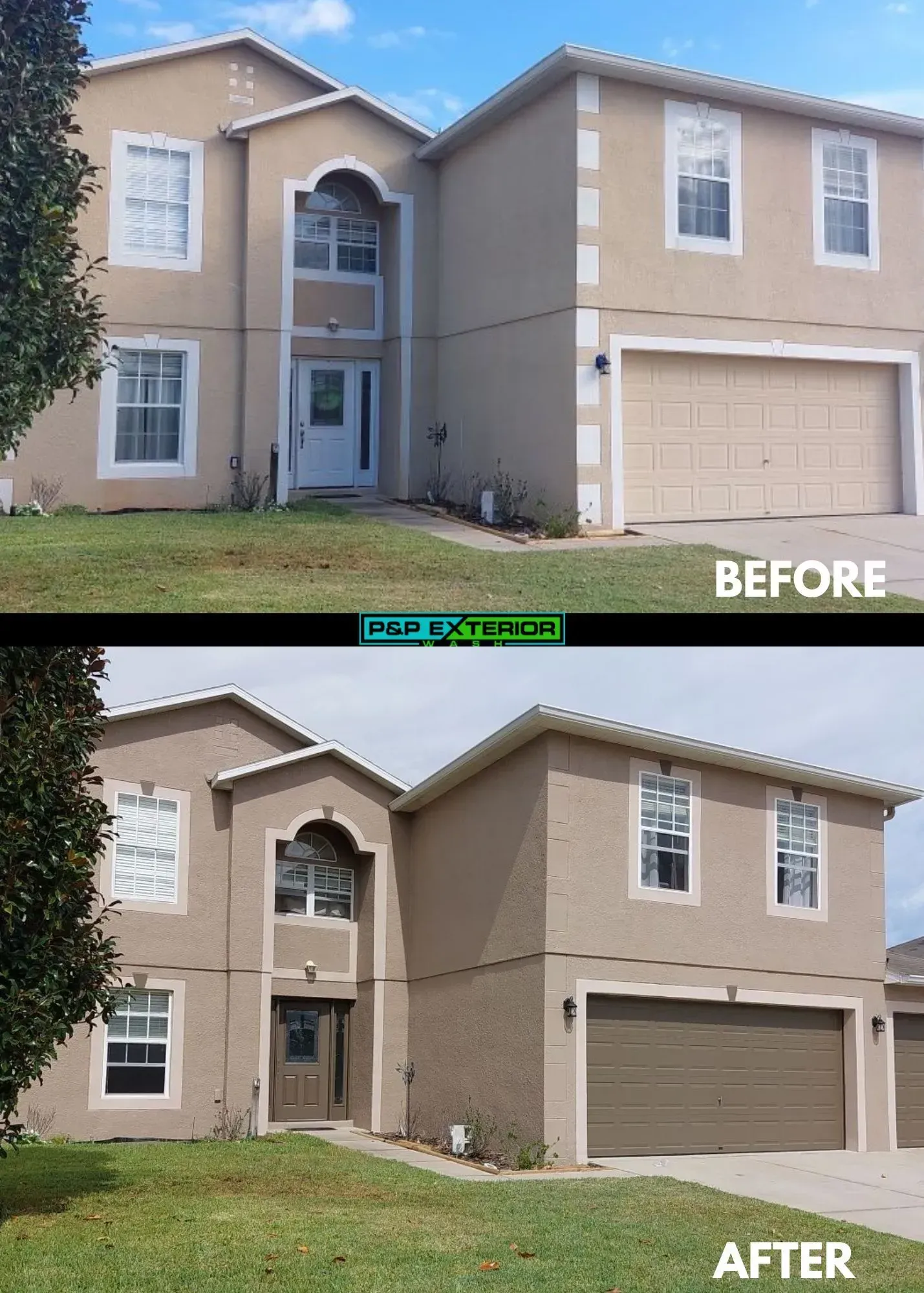 Before-and-after view of a beige two-story house with a garage and updated front exterior.