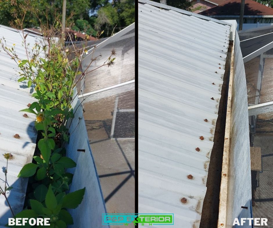 Before-and-after of a roof cleaned of leaves and debris, showing improved white metal panels.