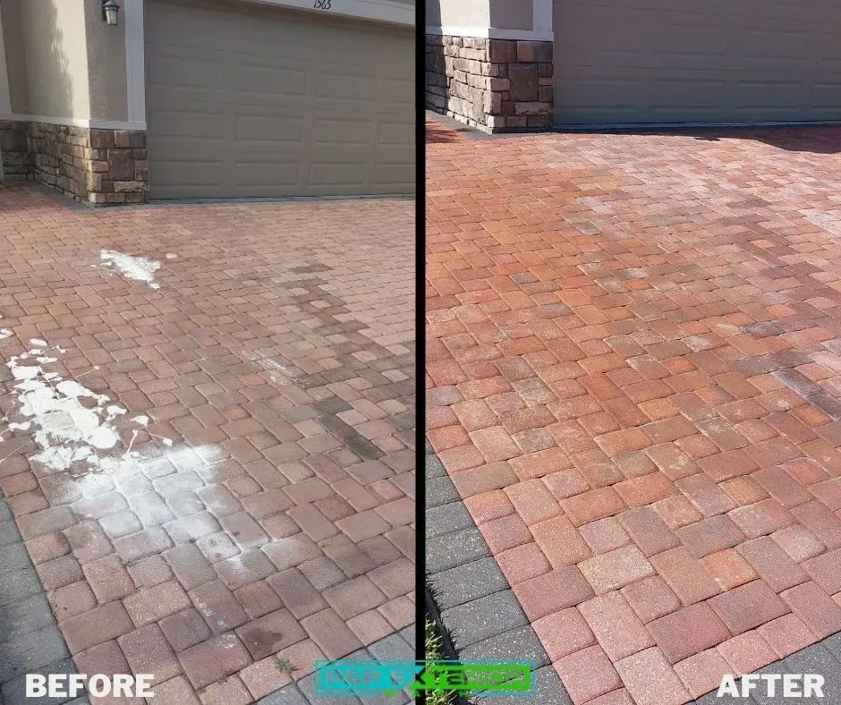 Brick driveway before-and-after: white stains removed, left side dirty, right side clean and restored.