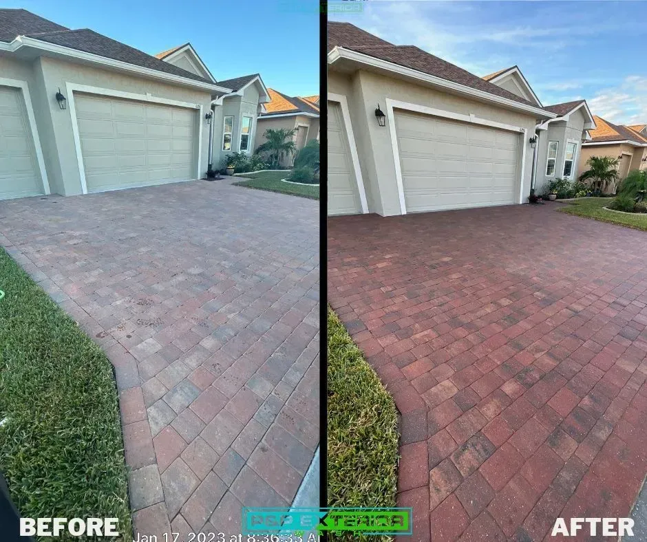 Before-and-after of a garage driveway with cleaned and darkened brick pavers.