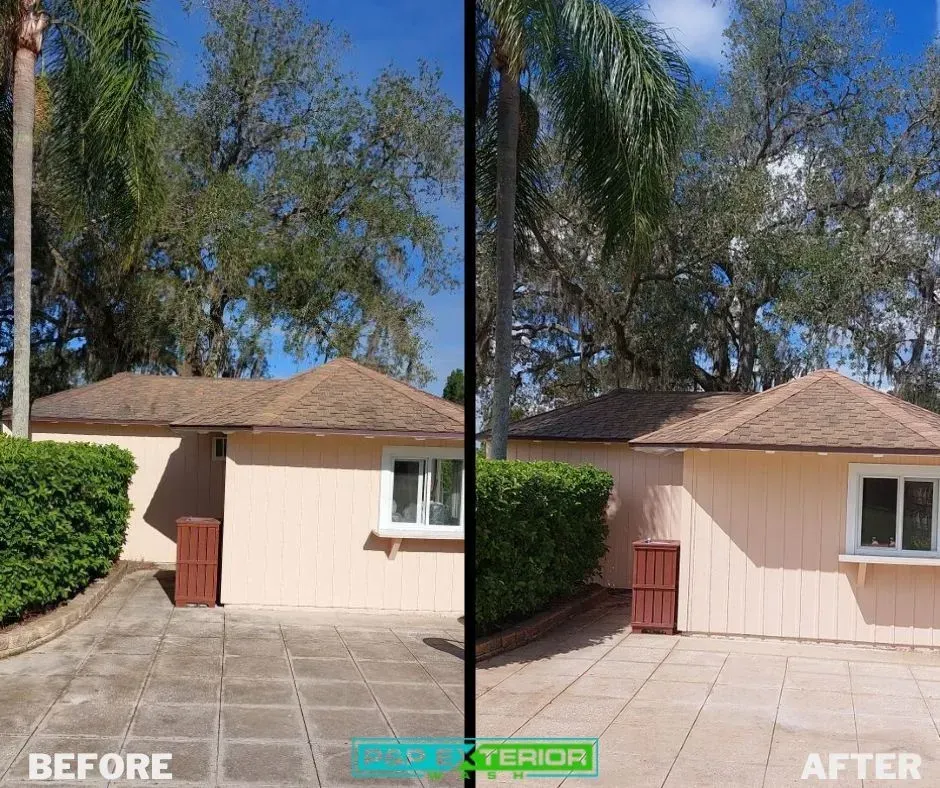 Before-and-after of a beige house exterior with trimmed hedge and palm trees.