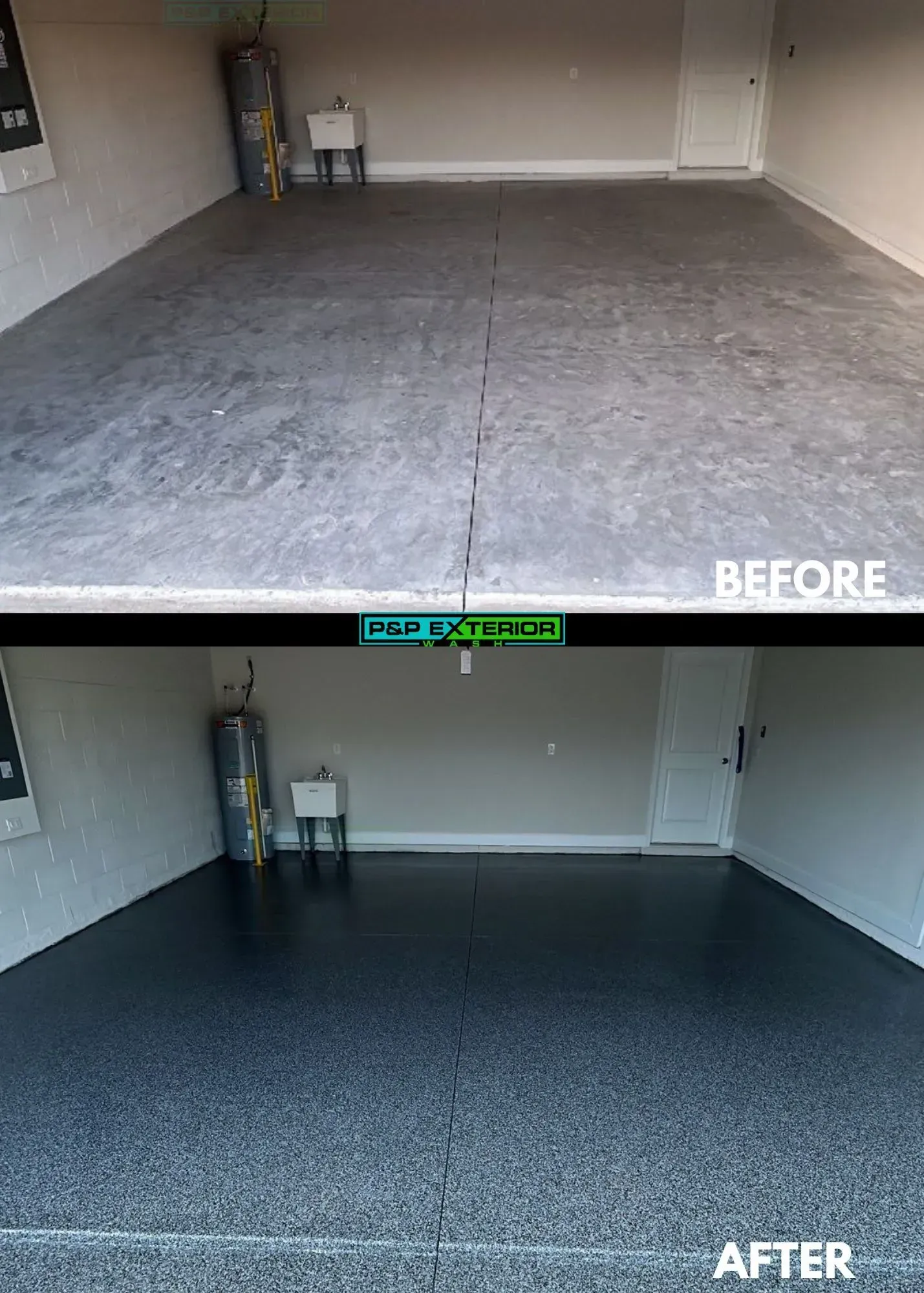 Garage floor before-and-after: gray concrete replaced with smooth dark epoxy flooring