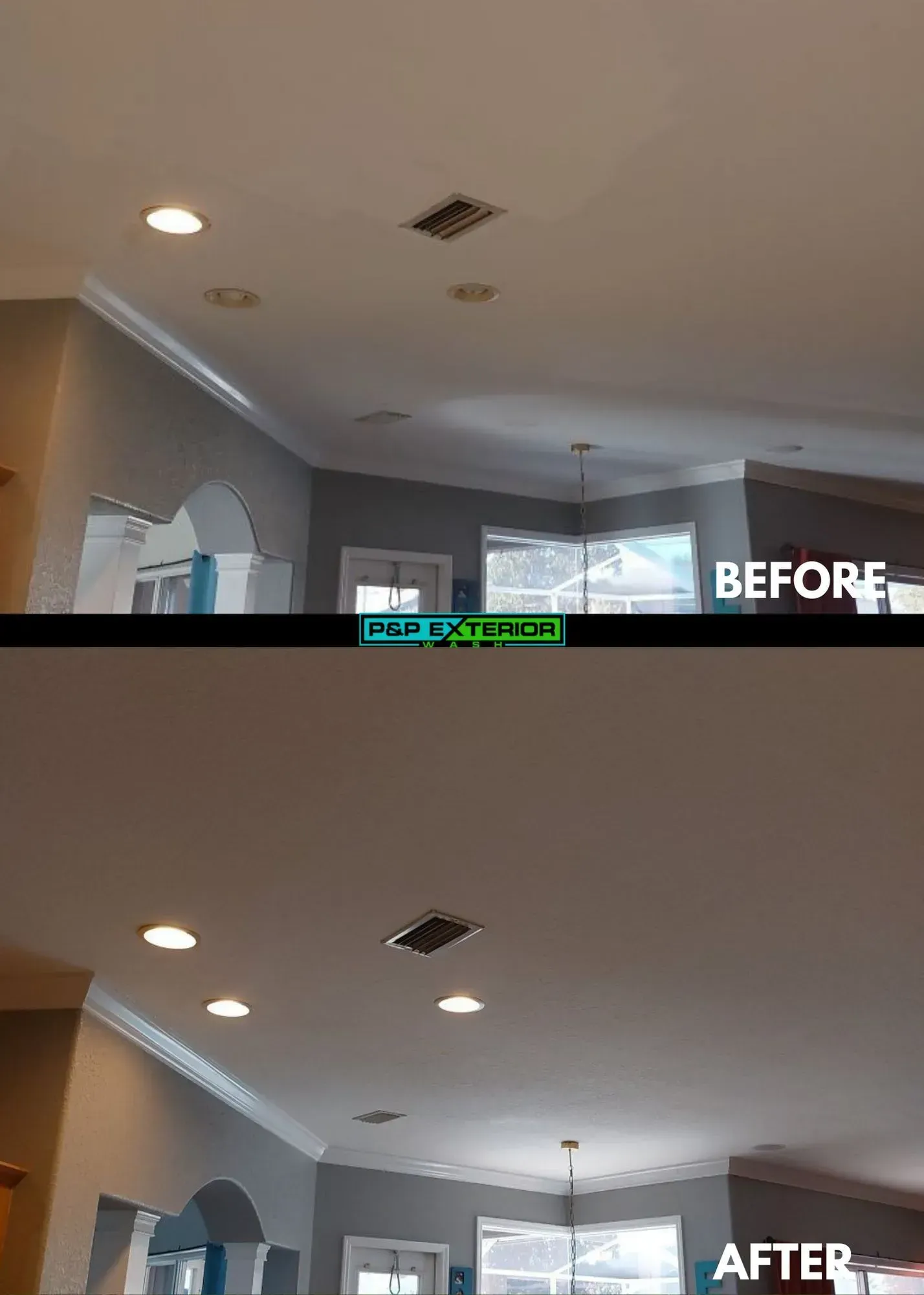 Ceiling makeover in a living room, showing recessed lights added in the after view.