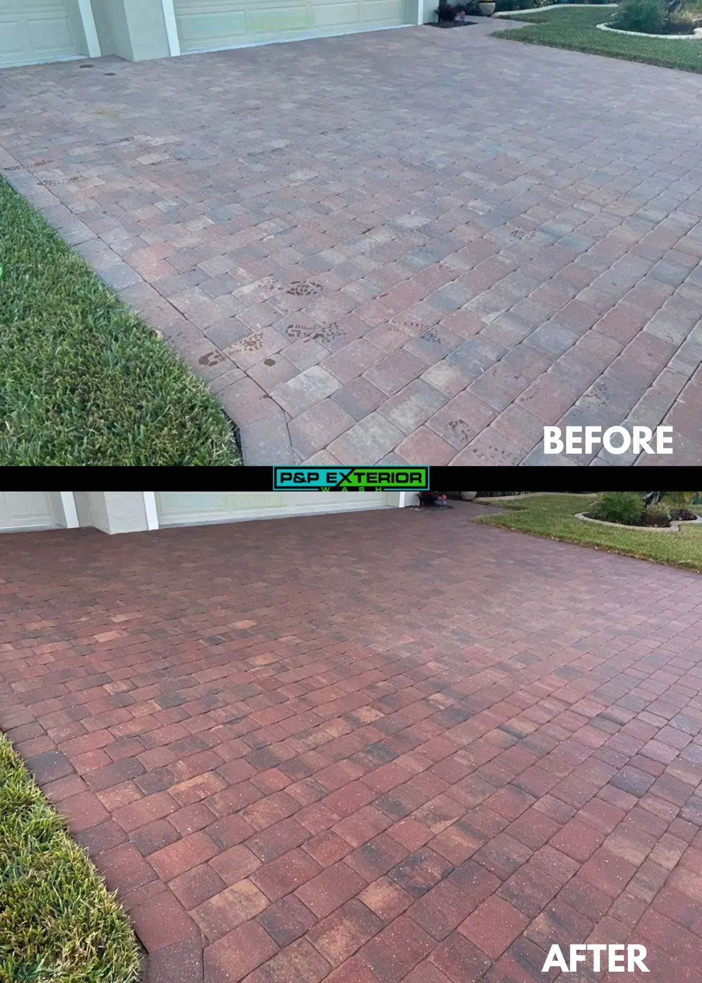 Before-and-after view of a brick patio being cleaned, with darker bricks after treatment.