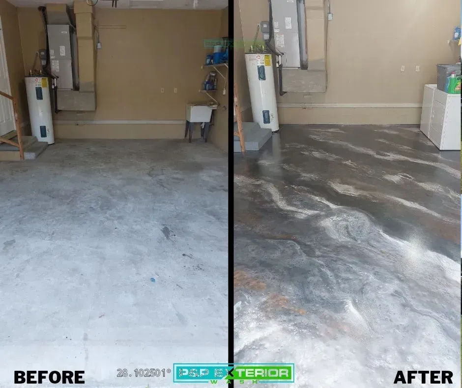 Garage floor before-and-after: dusty concrete on left, cleaned sealed floor with gray sheen on right.