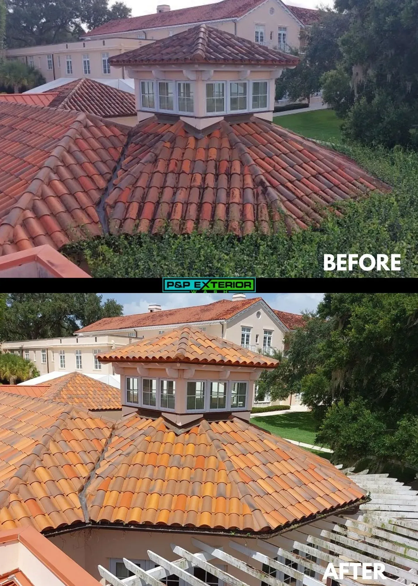 Before-and-after roof repair on a terracotta-tiled house, showing weathered and restored shingles.