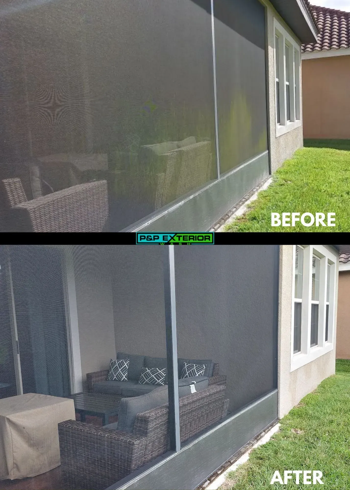 Before-and-after view of a screened patio enclosure with outdoor furniture and a house exterior.