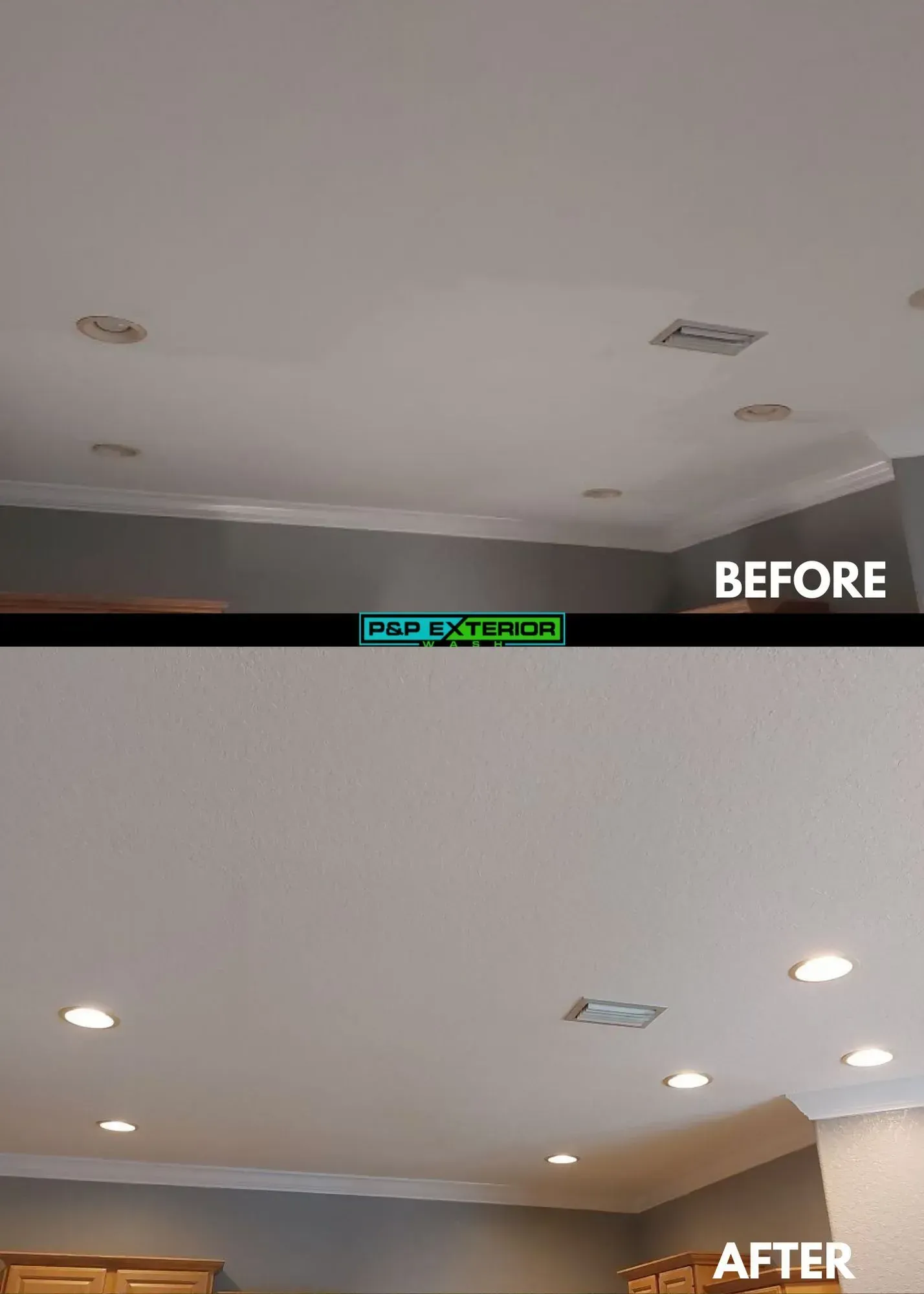 Before-and-after ceiling comparison: dim room lighting replaced by brighter recessed lights.