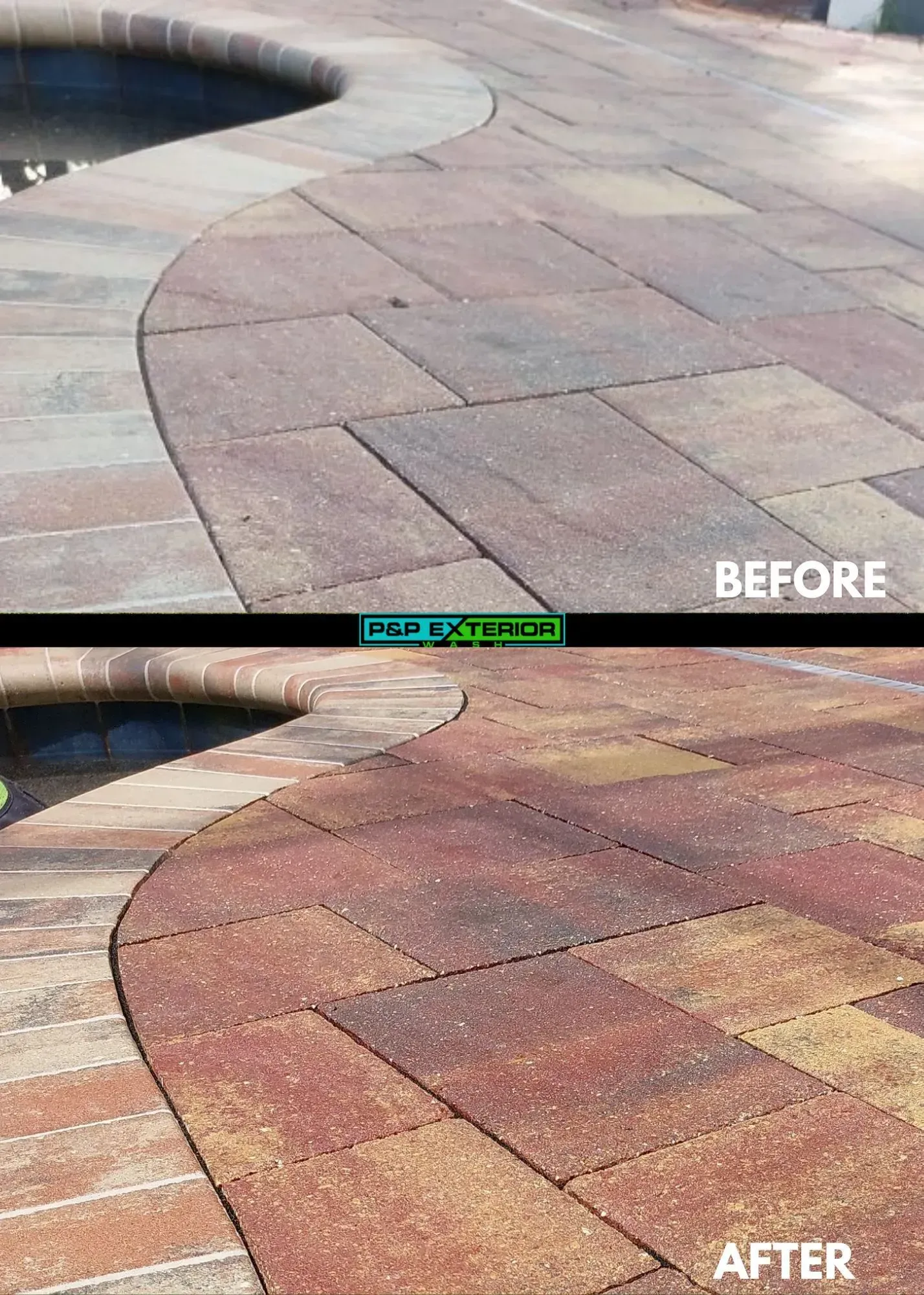 Before-and-after view of a curved stone patio, changing from plain gray to multicolored pavers.
