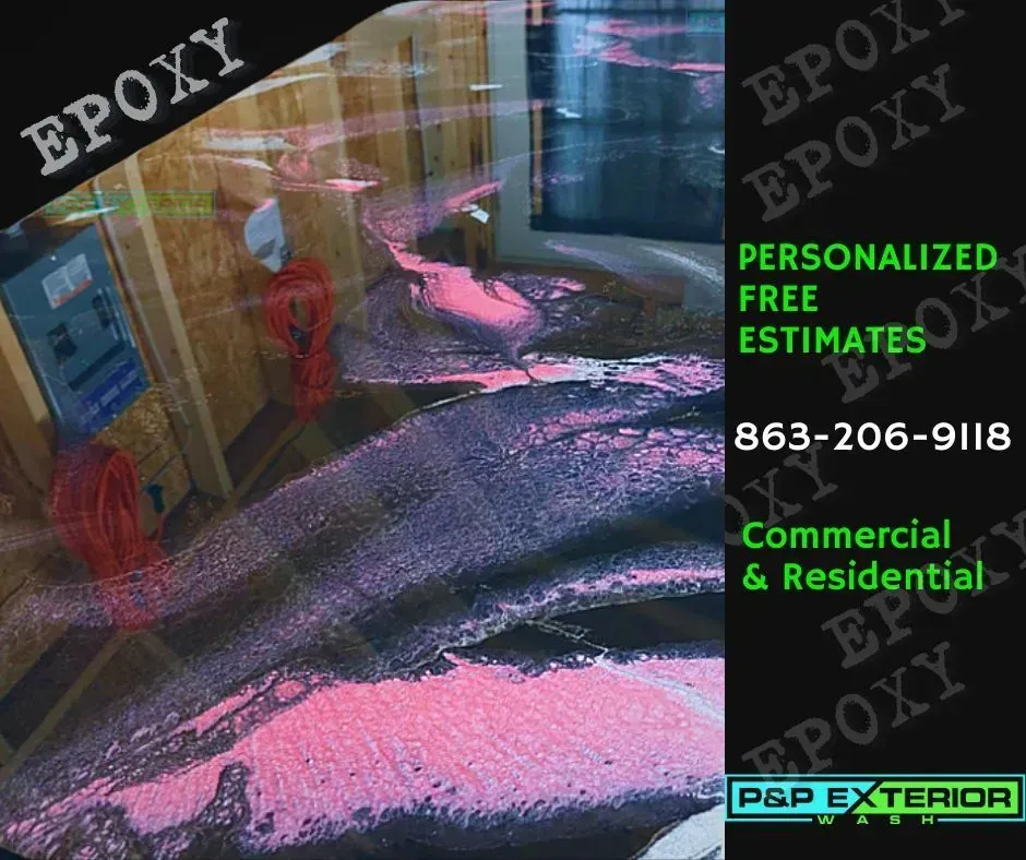 Pink-and-black epoxy floor finish with ad text: “Personalized free estimates” and “Commercial & Residential.”